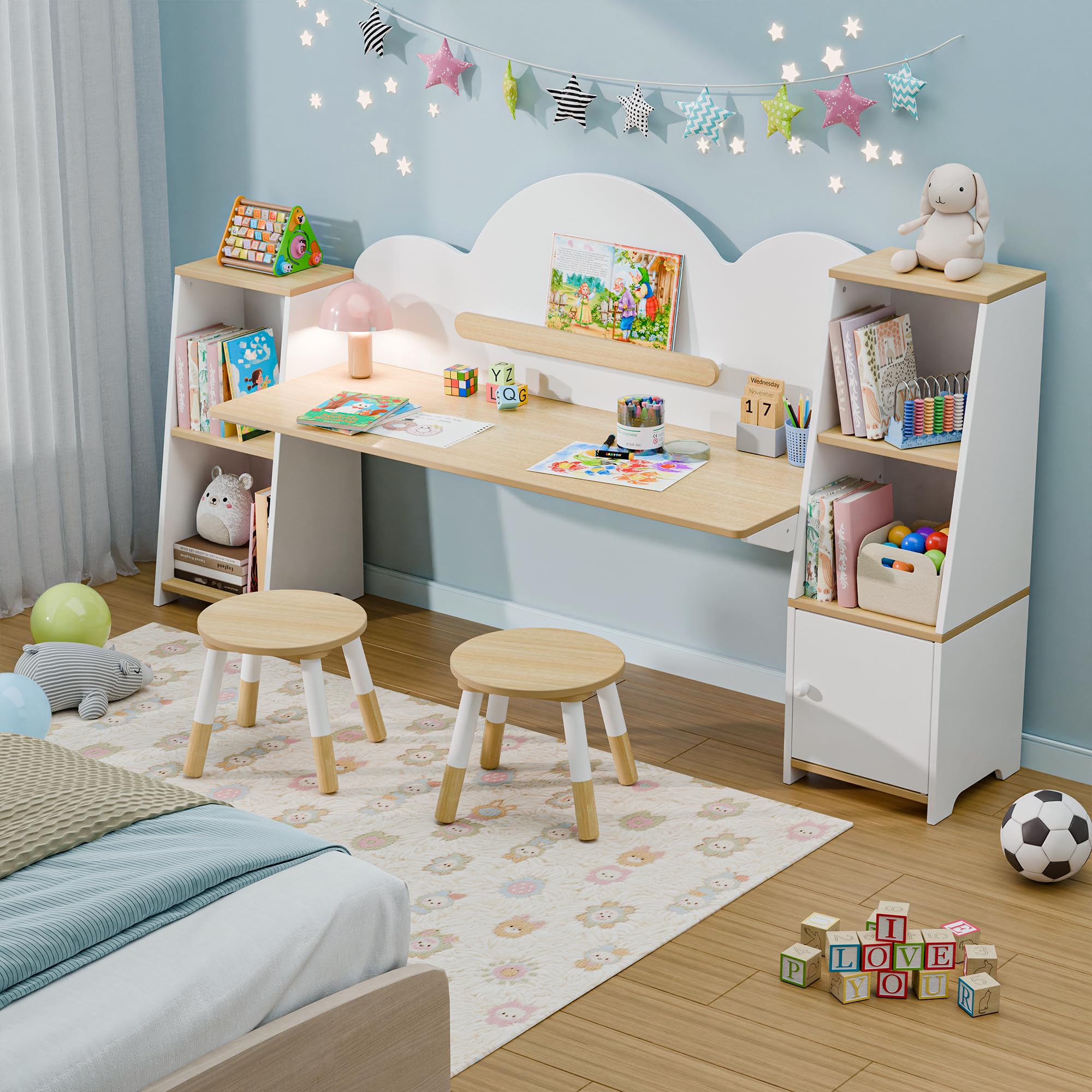 Kids Study Desk with Bookshelves and 2 Stools