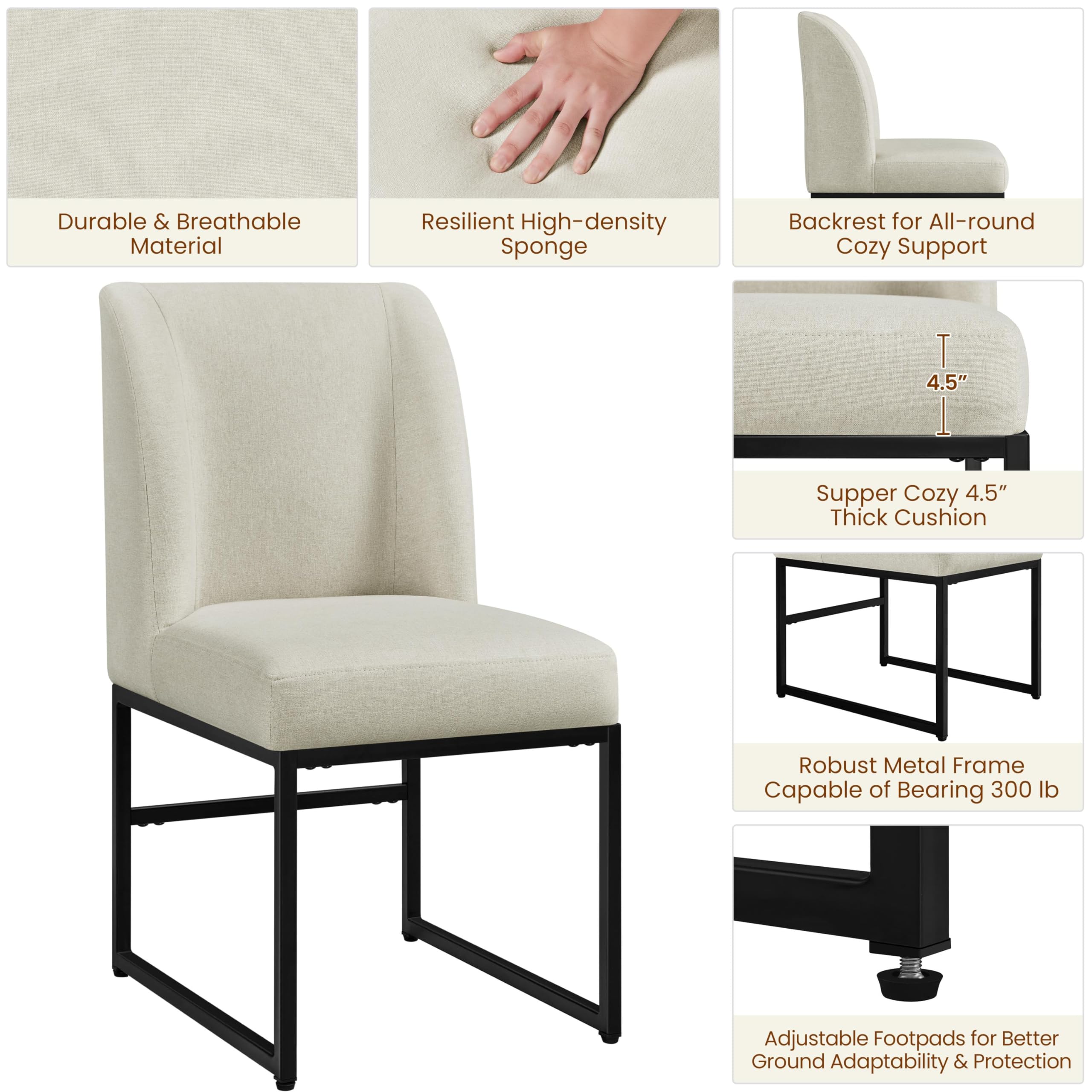 Upholstered Dining Chairs Set of 2 - Mid Back Padded Seat with Metal Legs