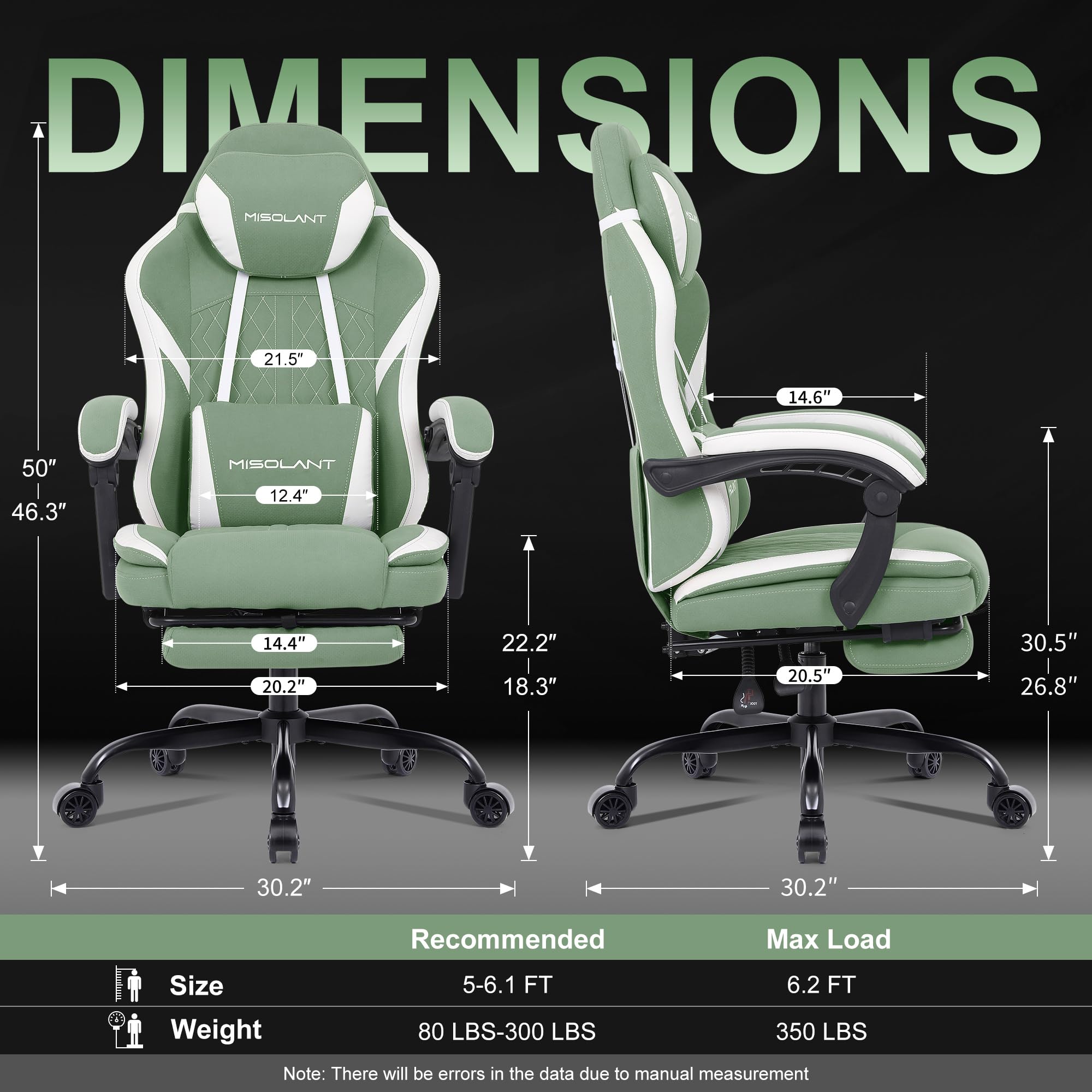 Misolant Gaming Chair, Fabric Gamer Chair with footrest for Adults, High Back Ergonomic Computer Game Chair with Adjustable Headrest and Massage Lumbar Support, 90-155° Recline Free, Green