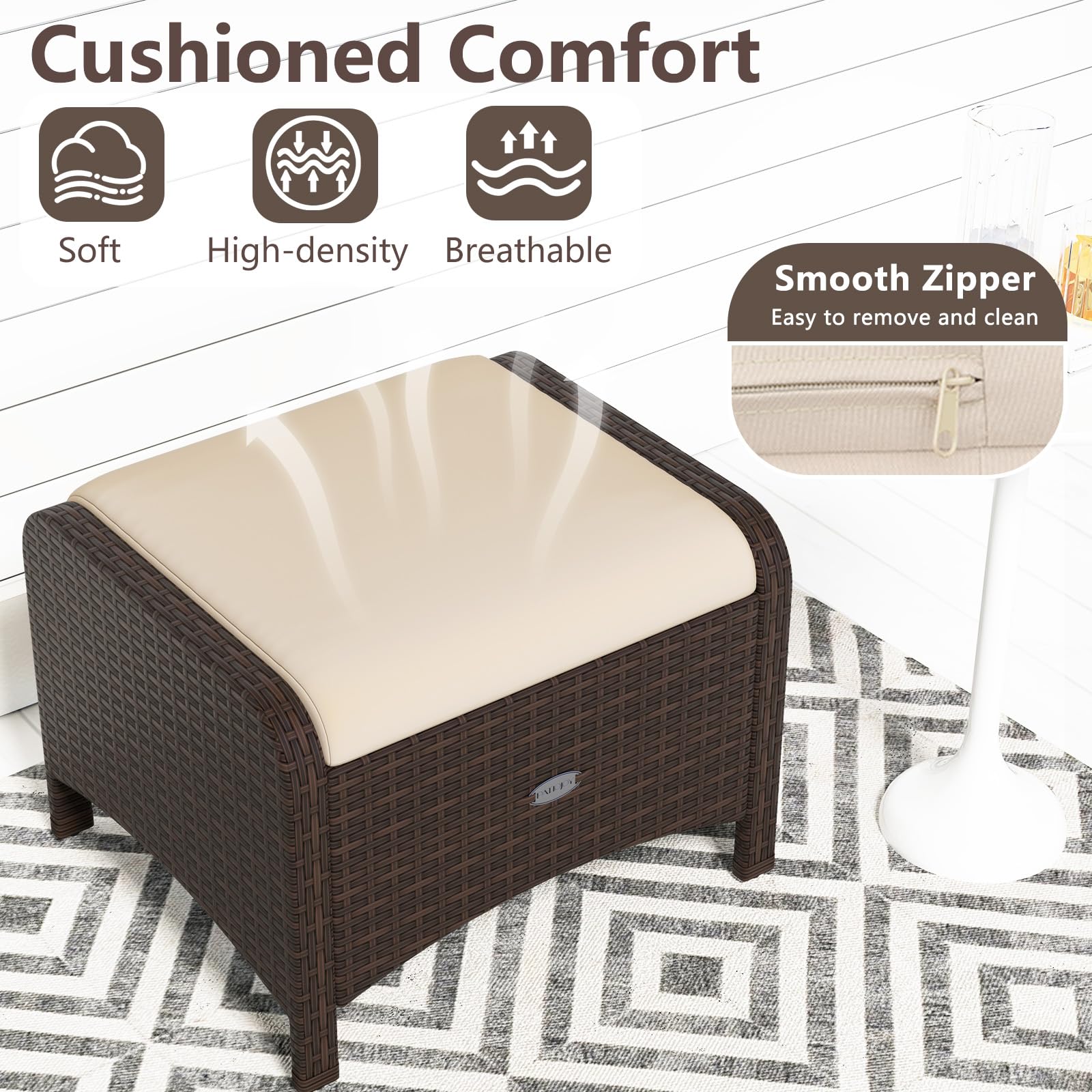 2-Piece Patio Wicker Ottoman Set with Removable Cushions