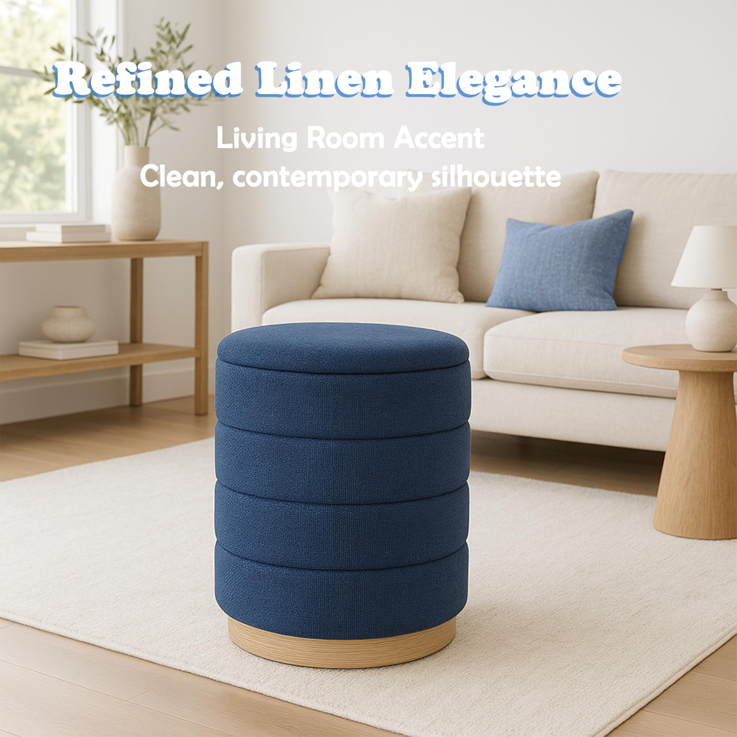 Round Ottoman with Storage - Dark Blue Linen Upholstered Footrest