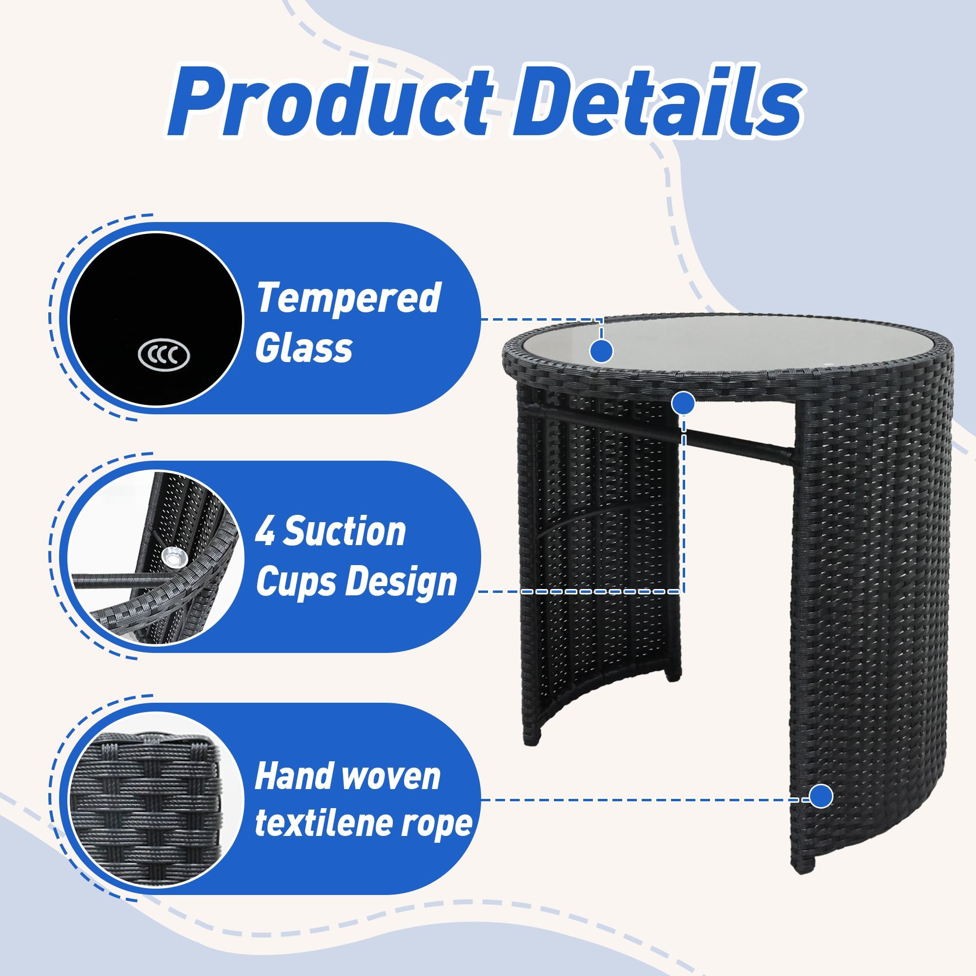 3-Piece Patio Bistro Set Handwoven Rattan Outdoor Furniture Black