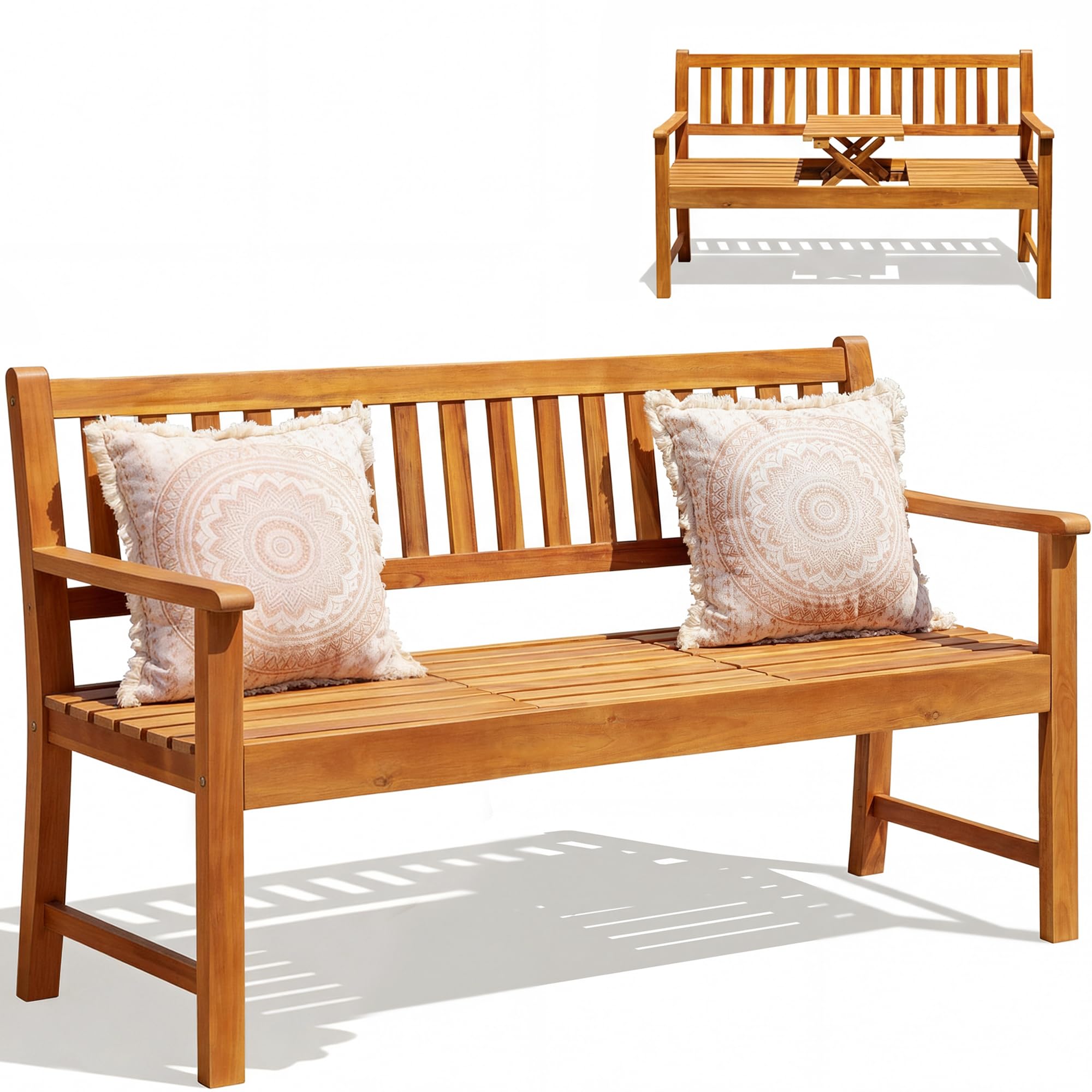 Outdoor Bench with Pull-Out Center Table