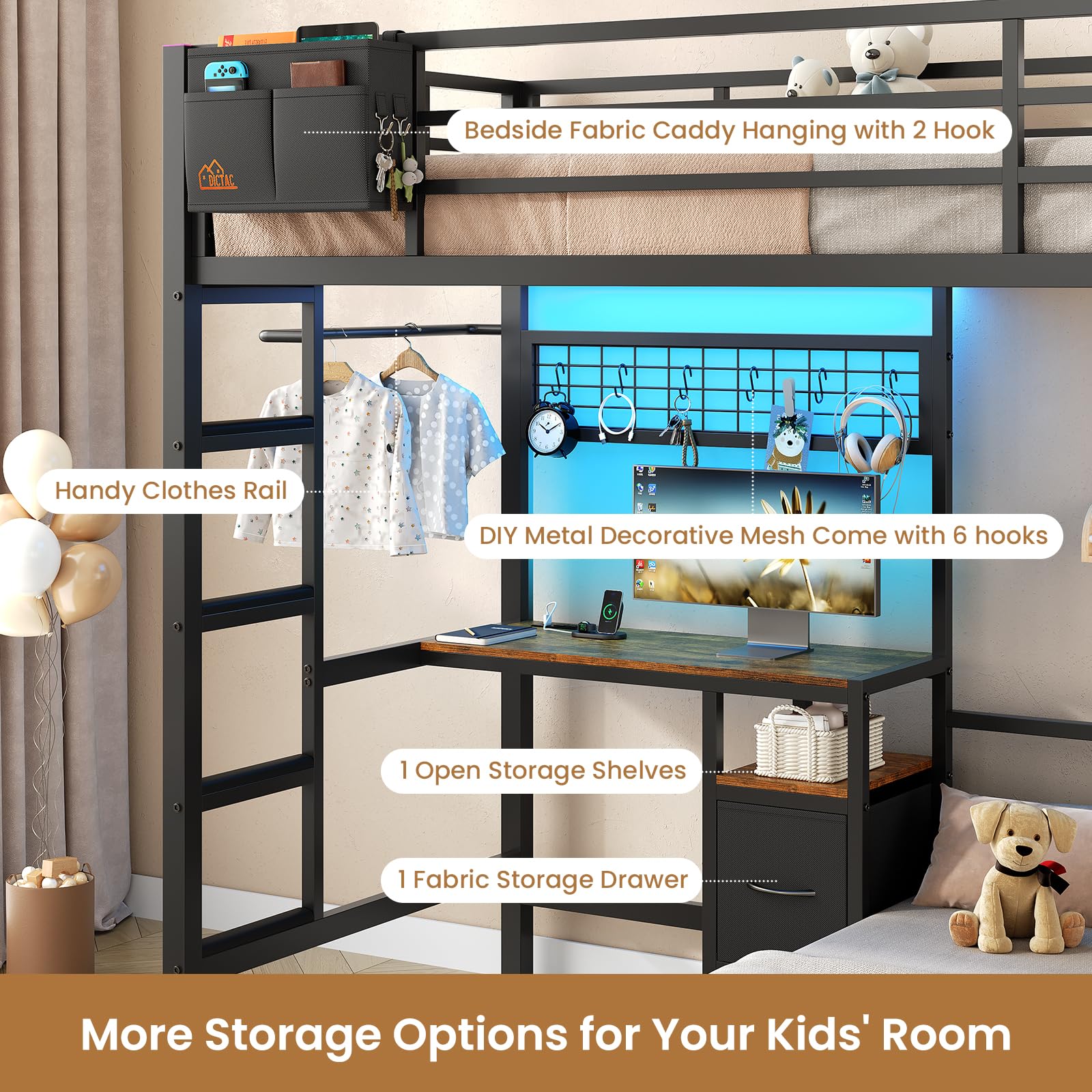 L-Shaped Twin Over Twin Bunk Bed with Desk and LED Lights