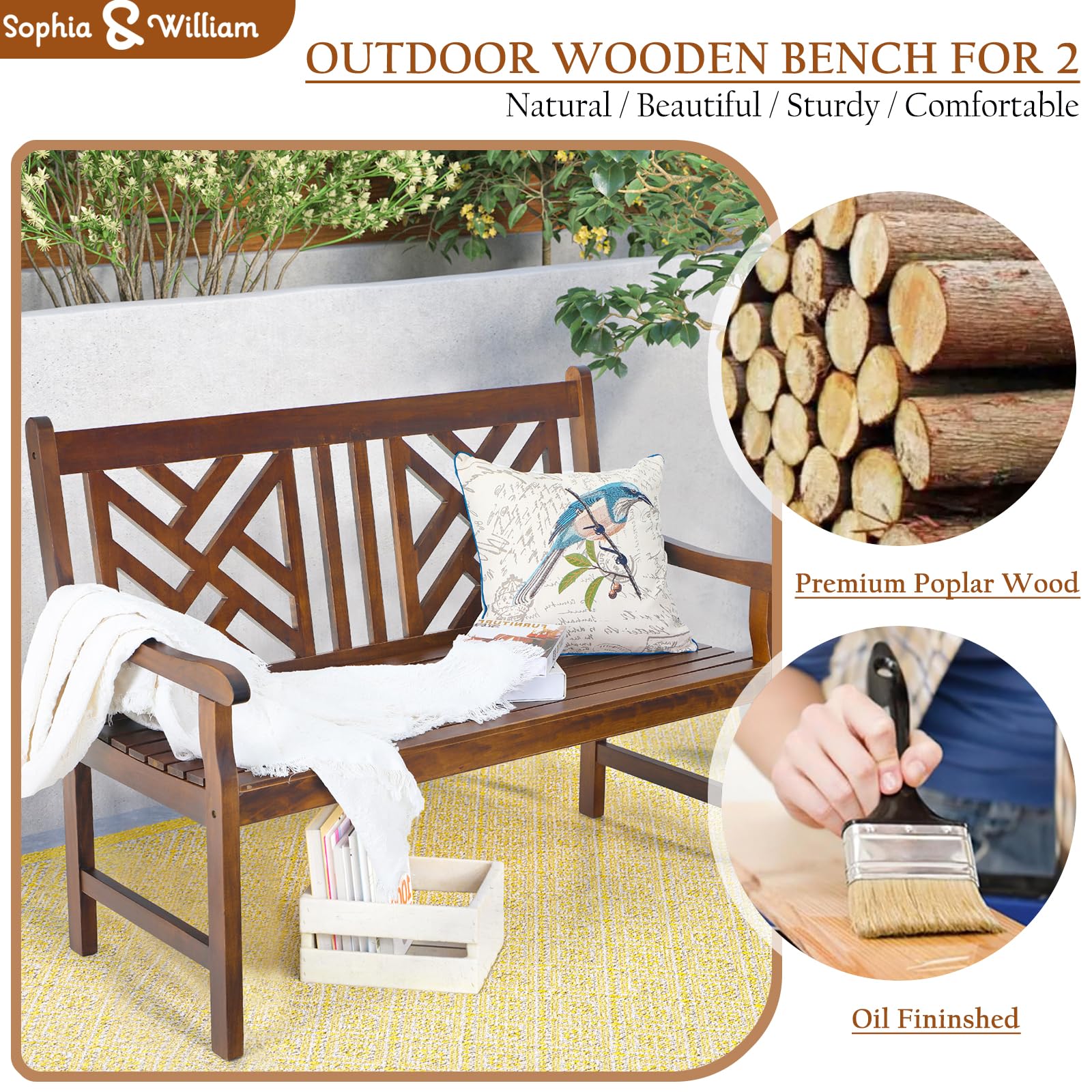 Outdoor Wood Bench 47" Weatherproof Patio Seating
