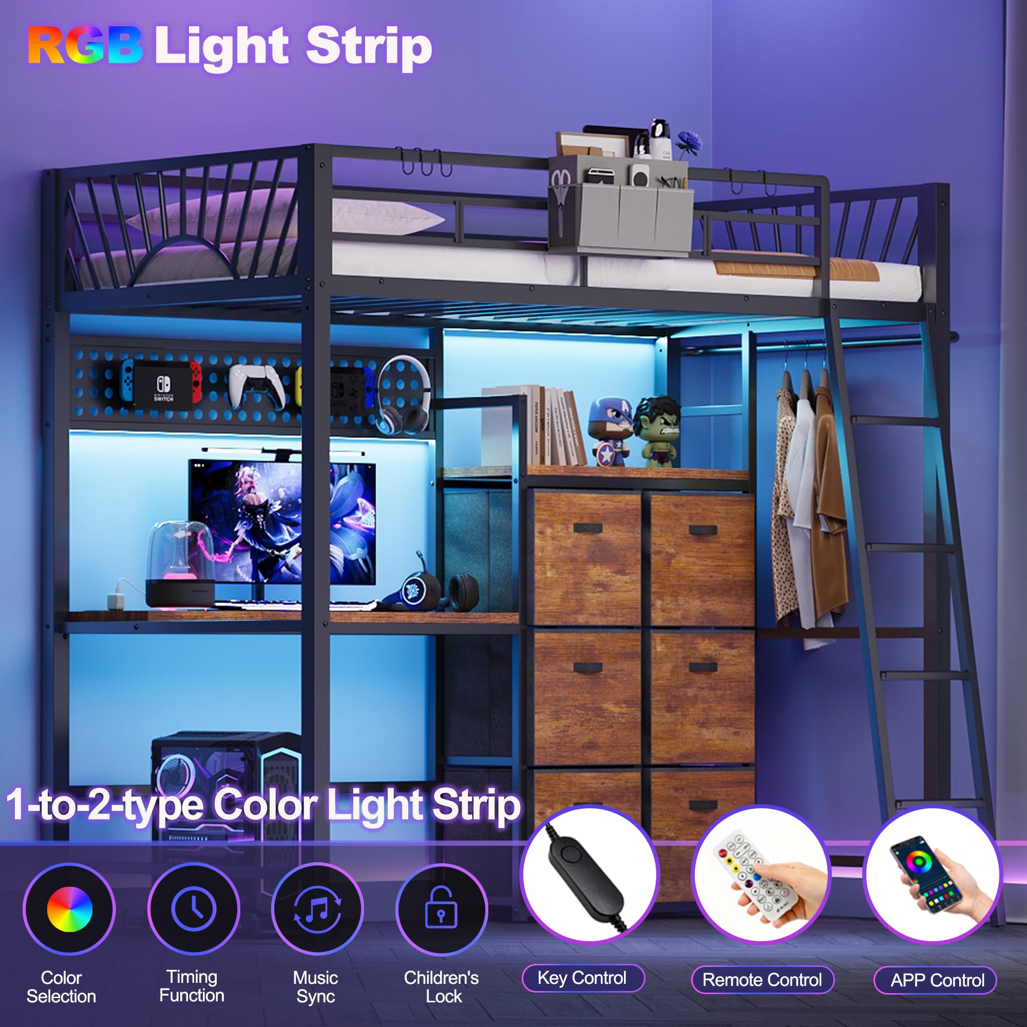 Twin Metal Loft Bed with Desk and Storage Cabinet