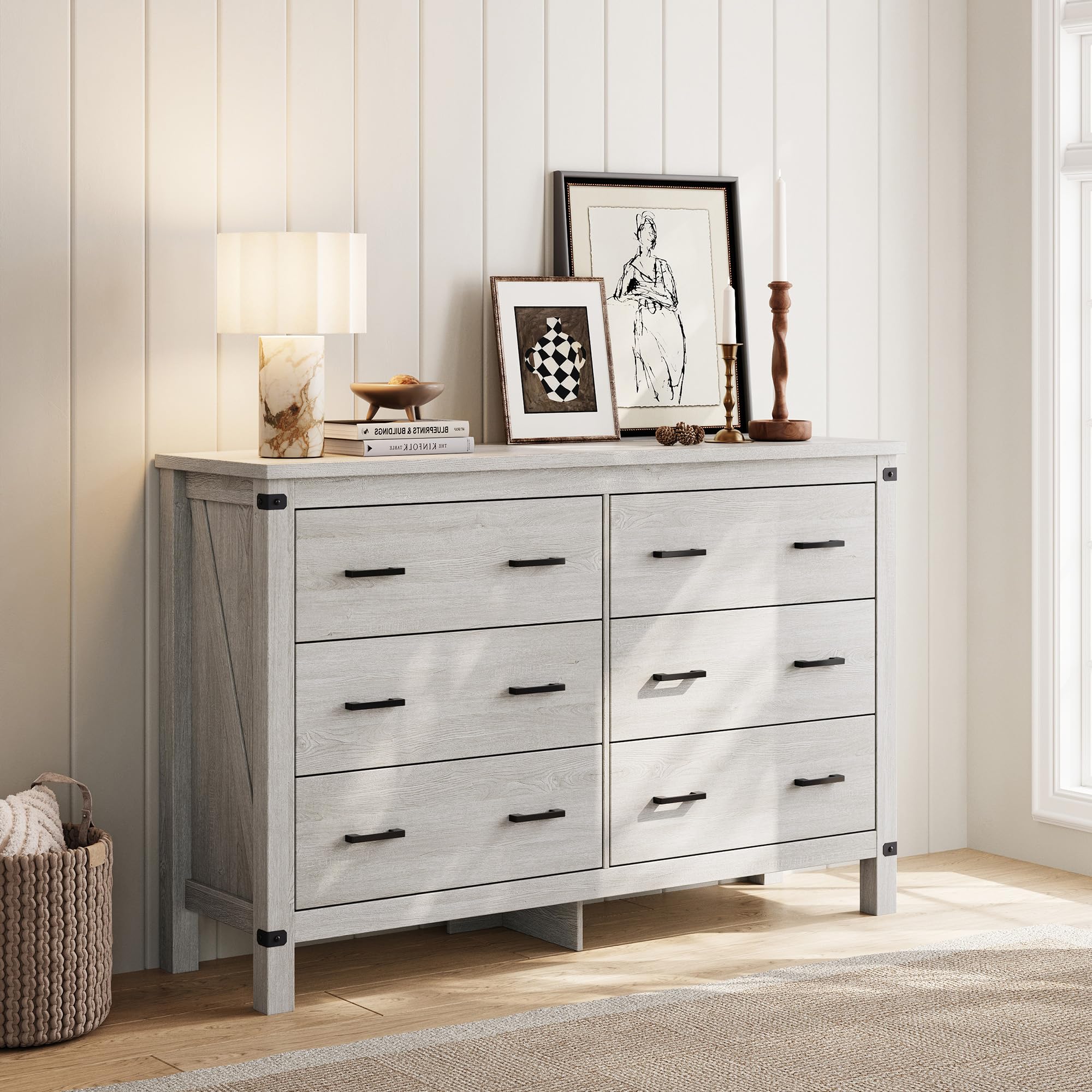 6 Drawer Farmhouse Dresser with Metal Handles