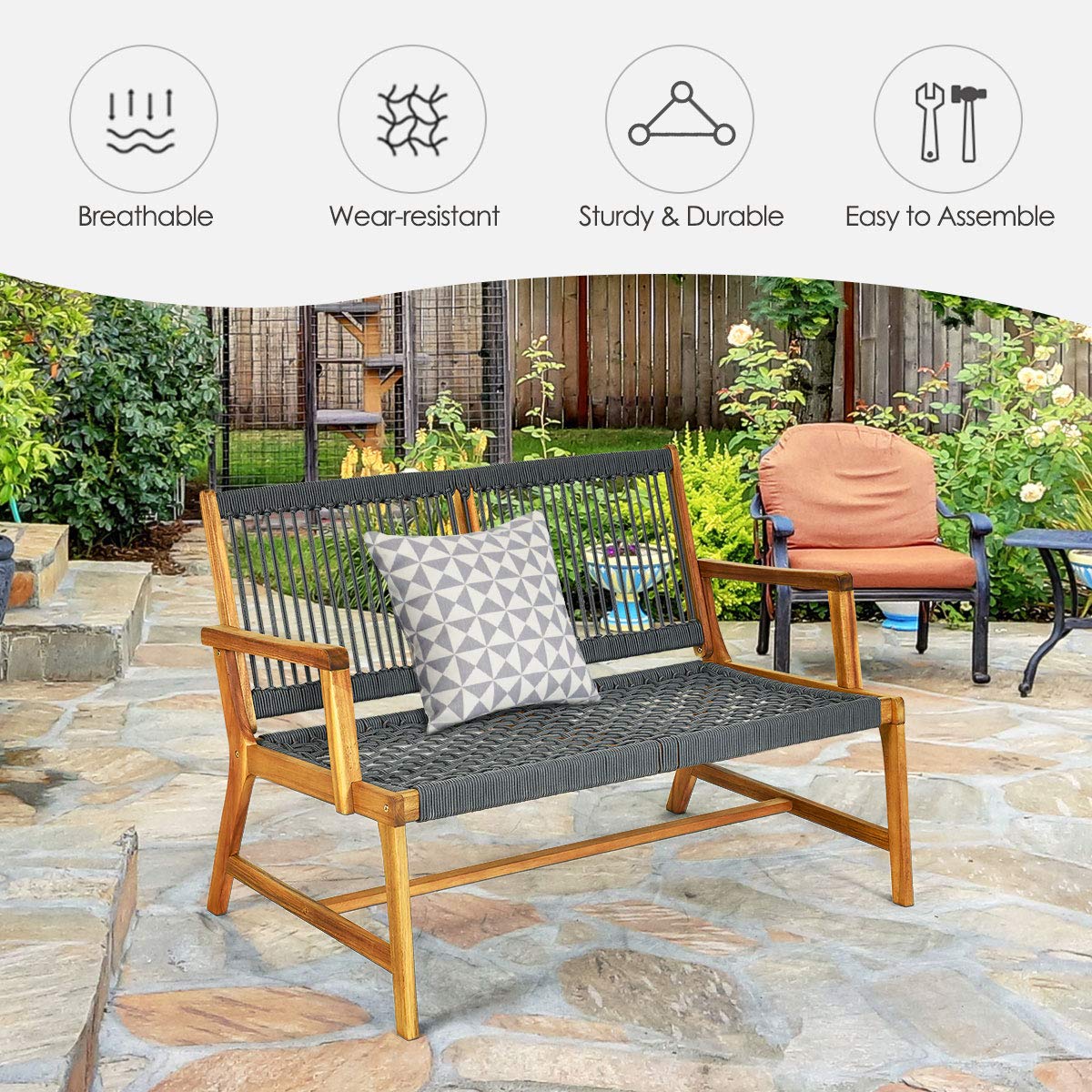 2 Person Acacia Wood Patio Bench Loveseat with Rope Design