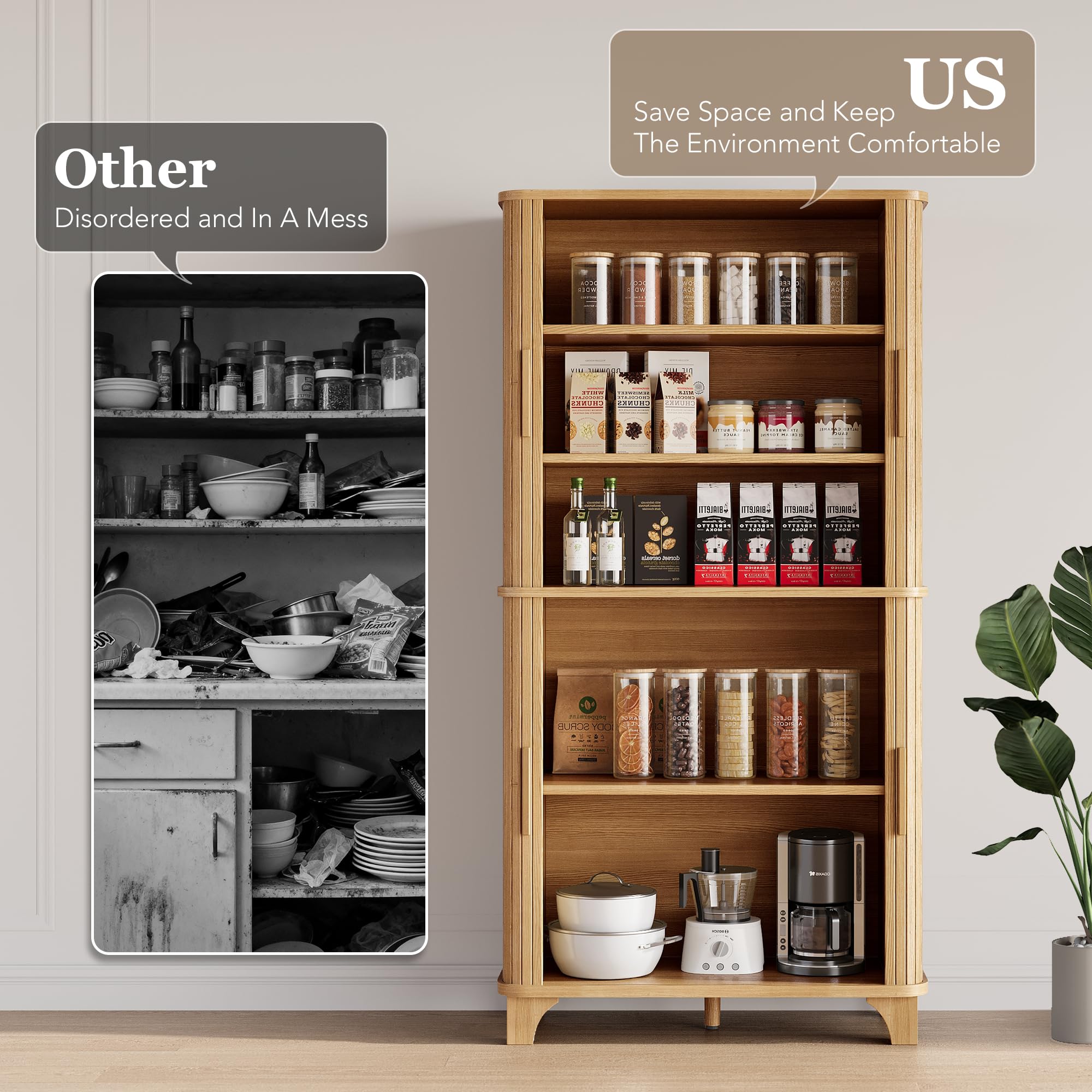 69" Tall Kitchen Pantry Storage Cabinet with Sliding Door