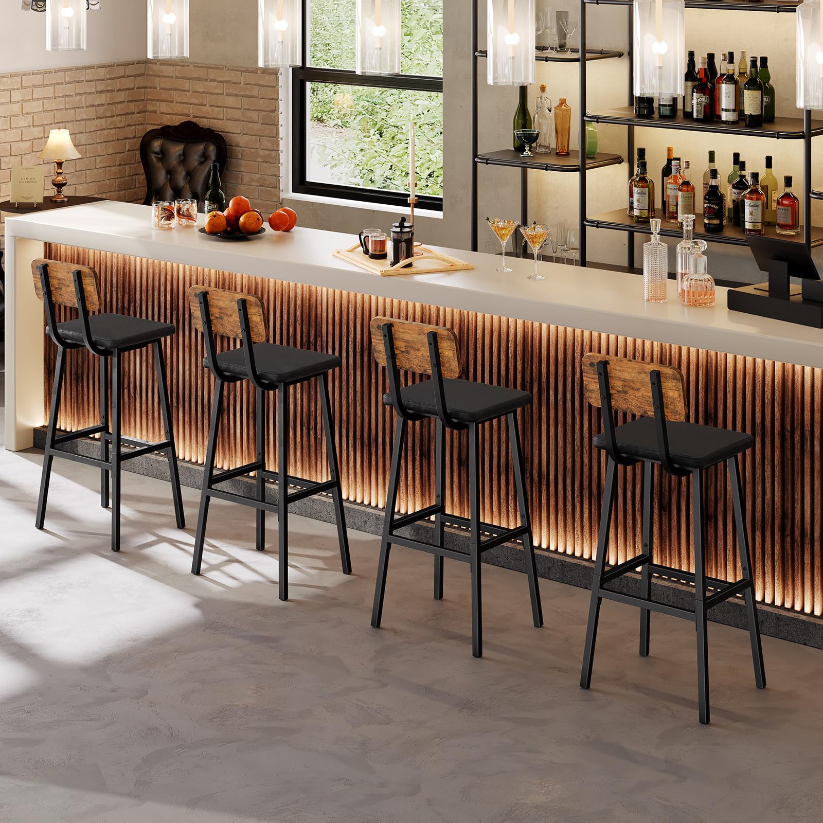 Bar Stools Set of 2 - PU Upholstered with Footrests