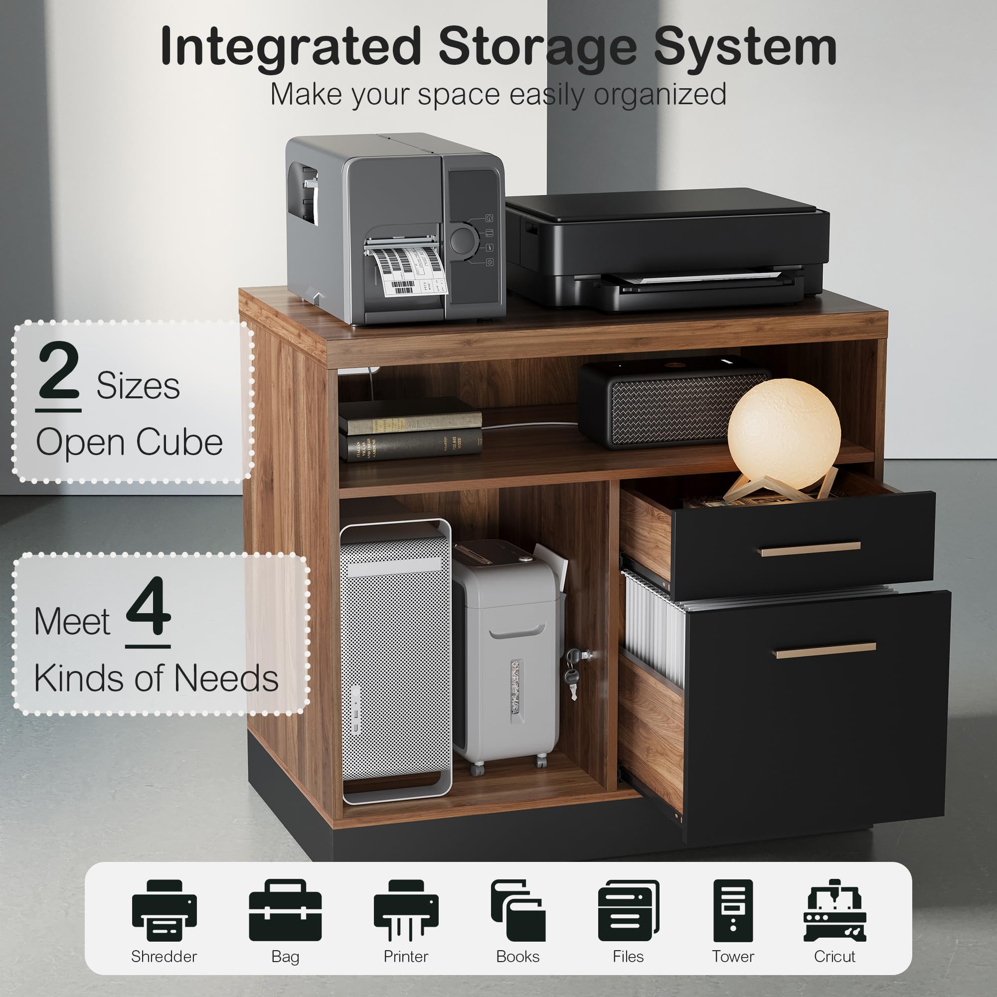 2 Drawer Wood File Cabinet with Lock and Power Strip