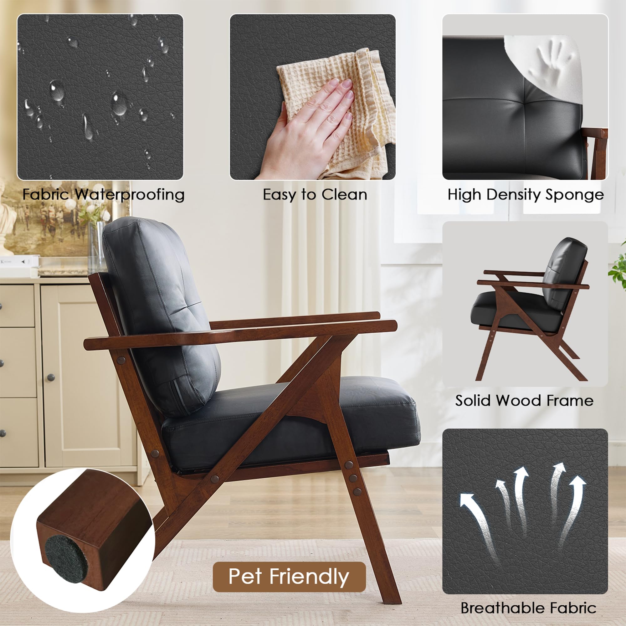 Black Leather Office Accent Chair Set of 2 with Wooden Arms