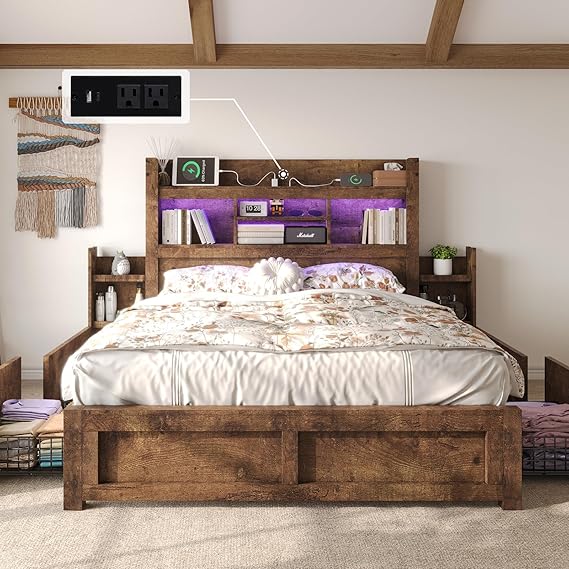 King Bed Frame with Bookcase Headboard and Storage Drawers