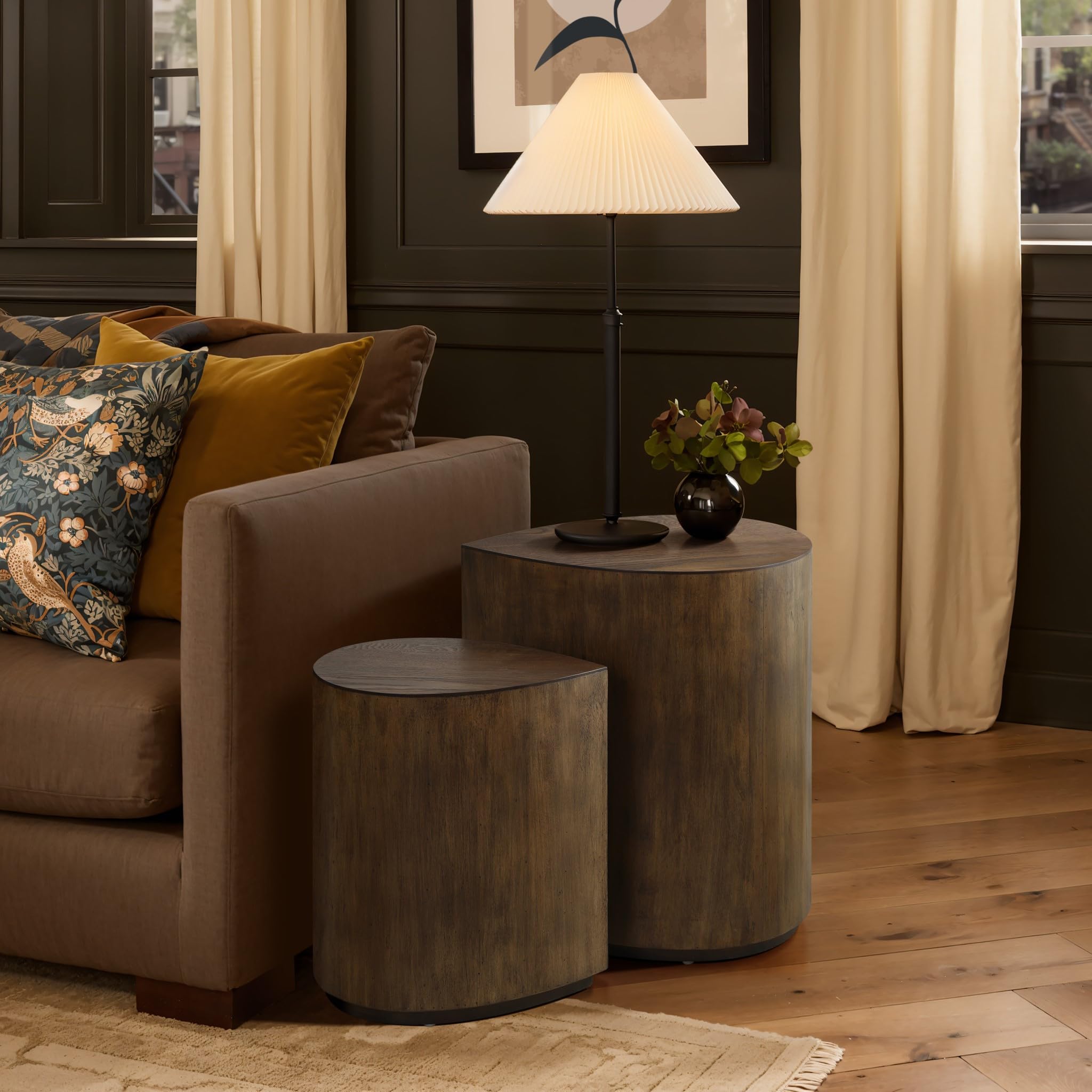 Nesting Coffee Tables Set of 2 Teardrop Walnut Wood Accent Side Tables