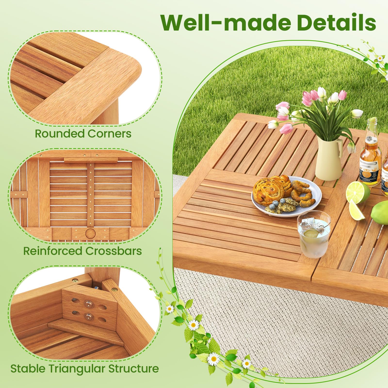 Tangkula 7 Piece Wood Outdoor Dining Set for 6, Rectangular Patio Acacia Wood Table Set with 6 Cushioned Chairs, Umbrella Hole, Heavy Duty Metal Frame for Deck Porch Backyard