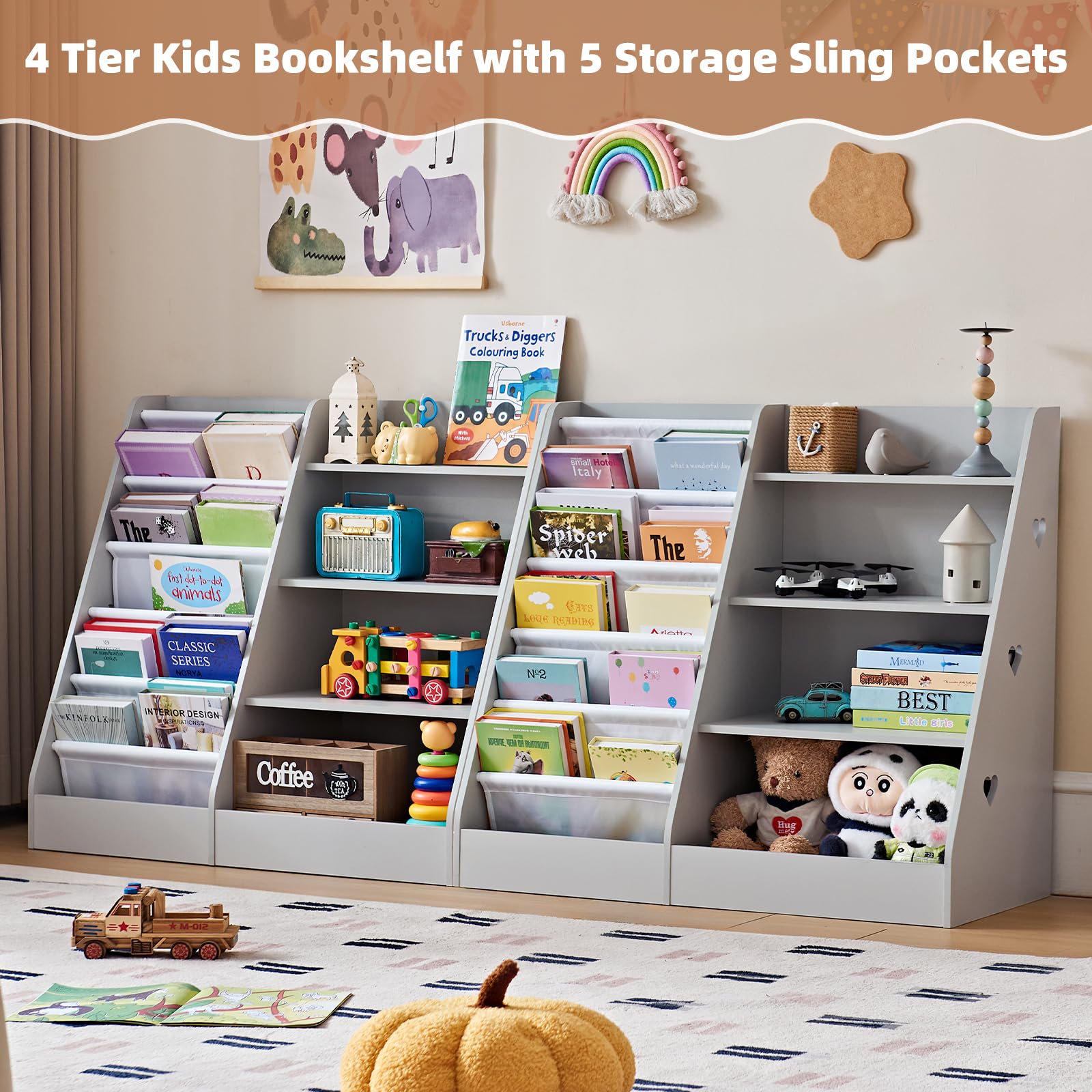 4 Tier Kids Bookshelf with Storage Organizer