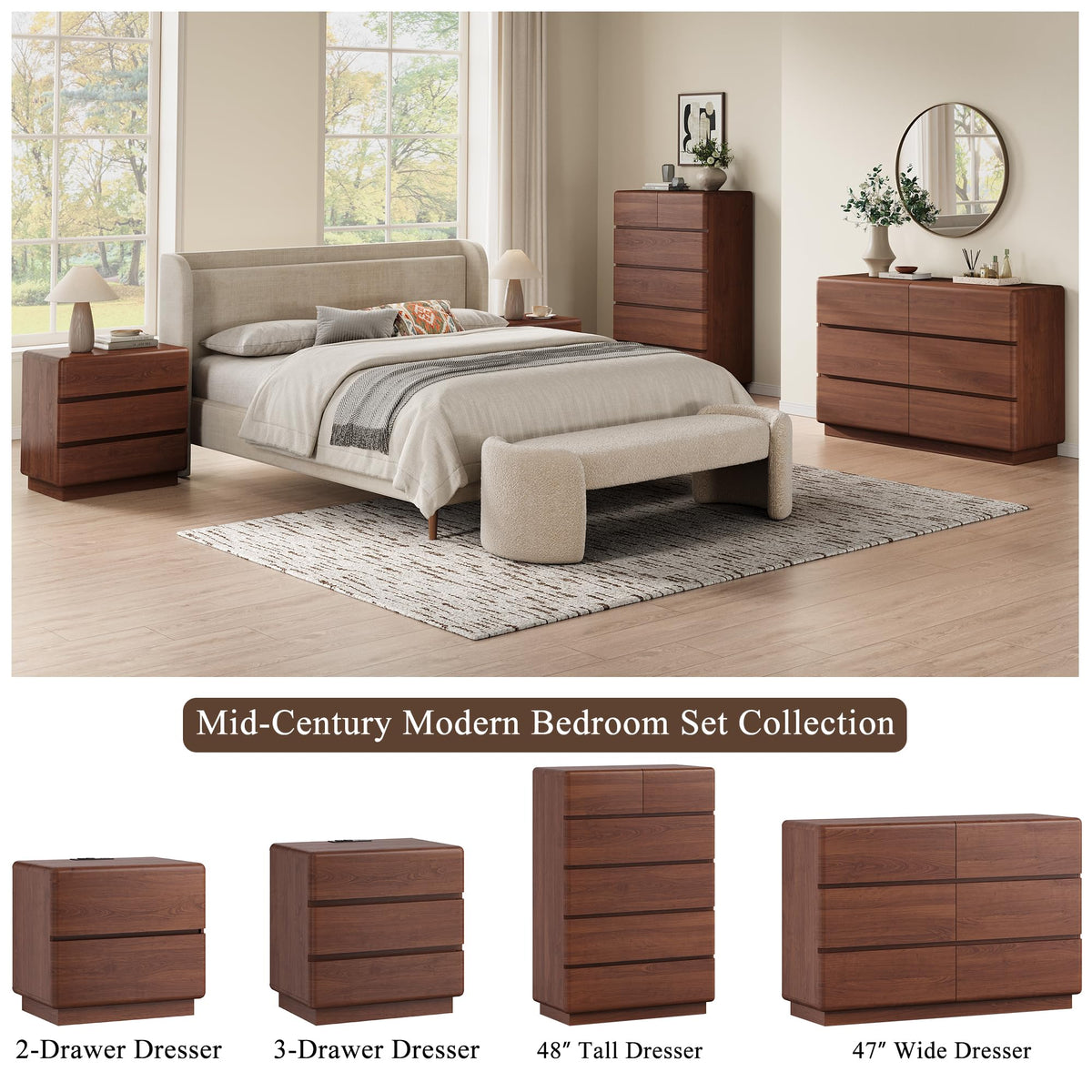 6-Drawer Tall Dresser with Rounded Design – Walnut Chest of Drawers for Bedroom