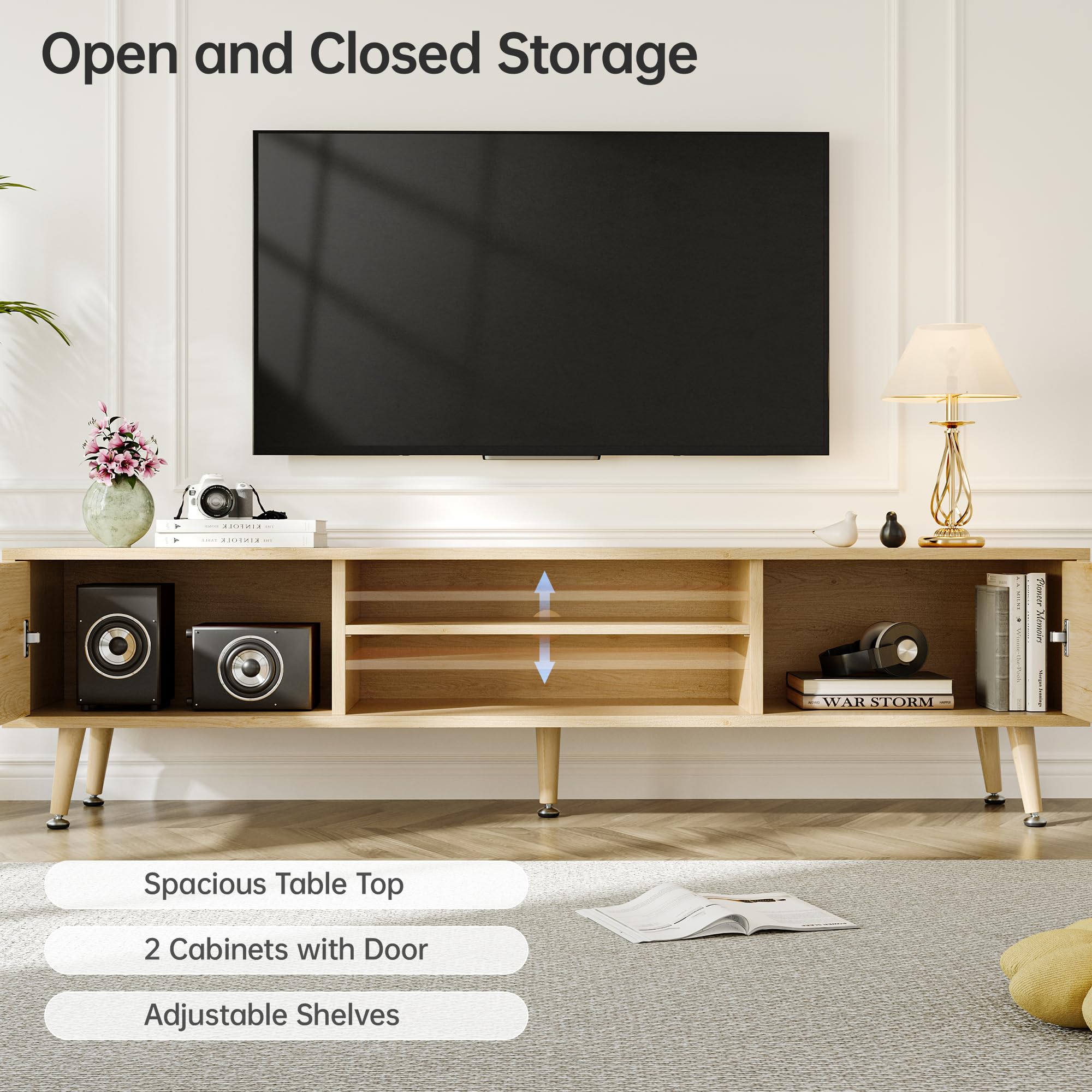 Mid Century TV Stand 62 Inch Natural Oak