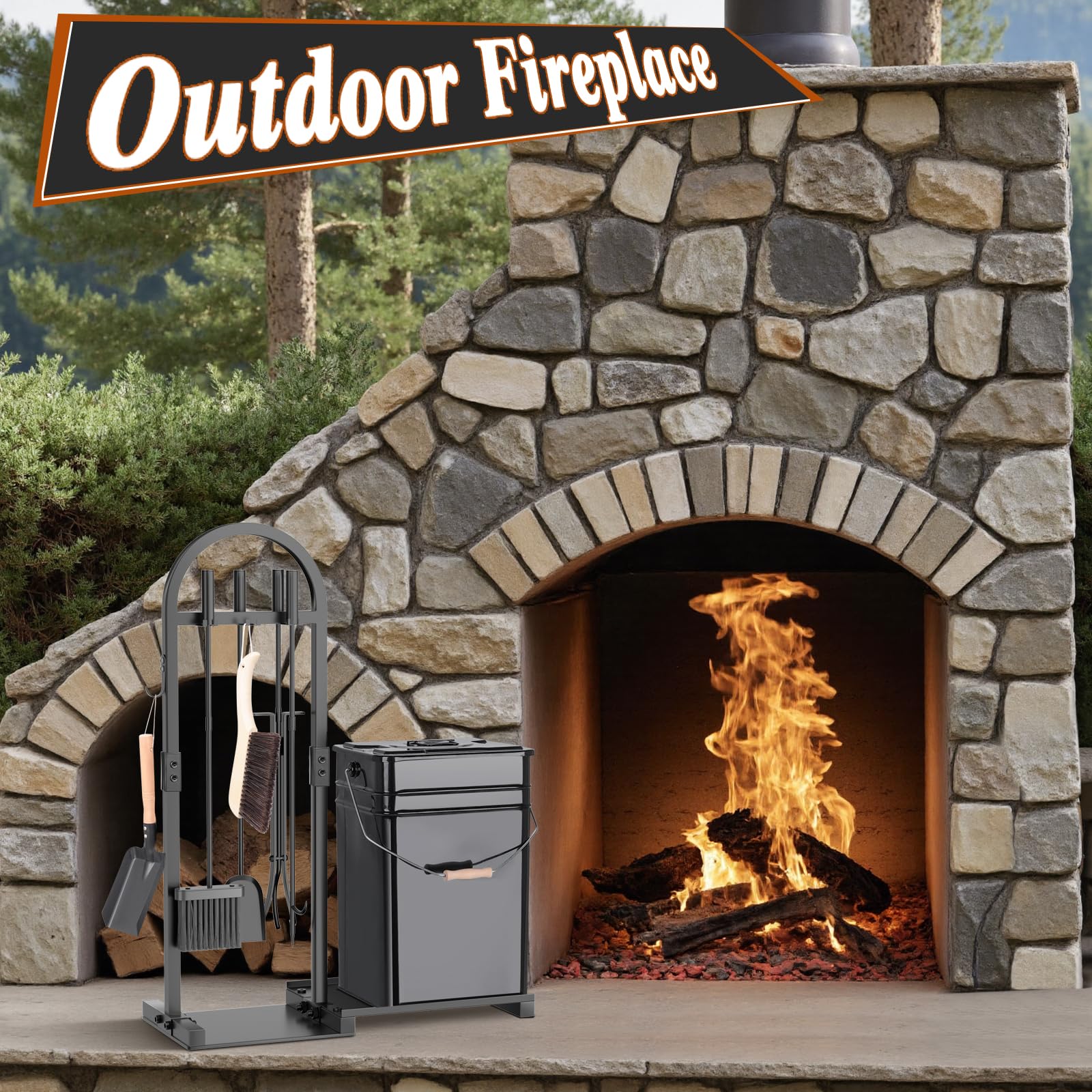 8-Piece Fireplace Tool Set with Ash Bucket and Stand