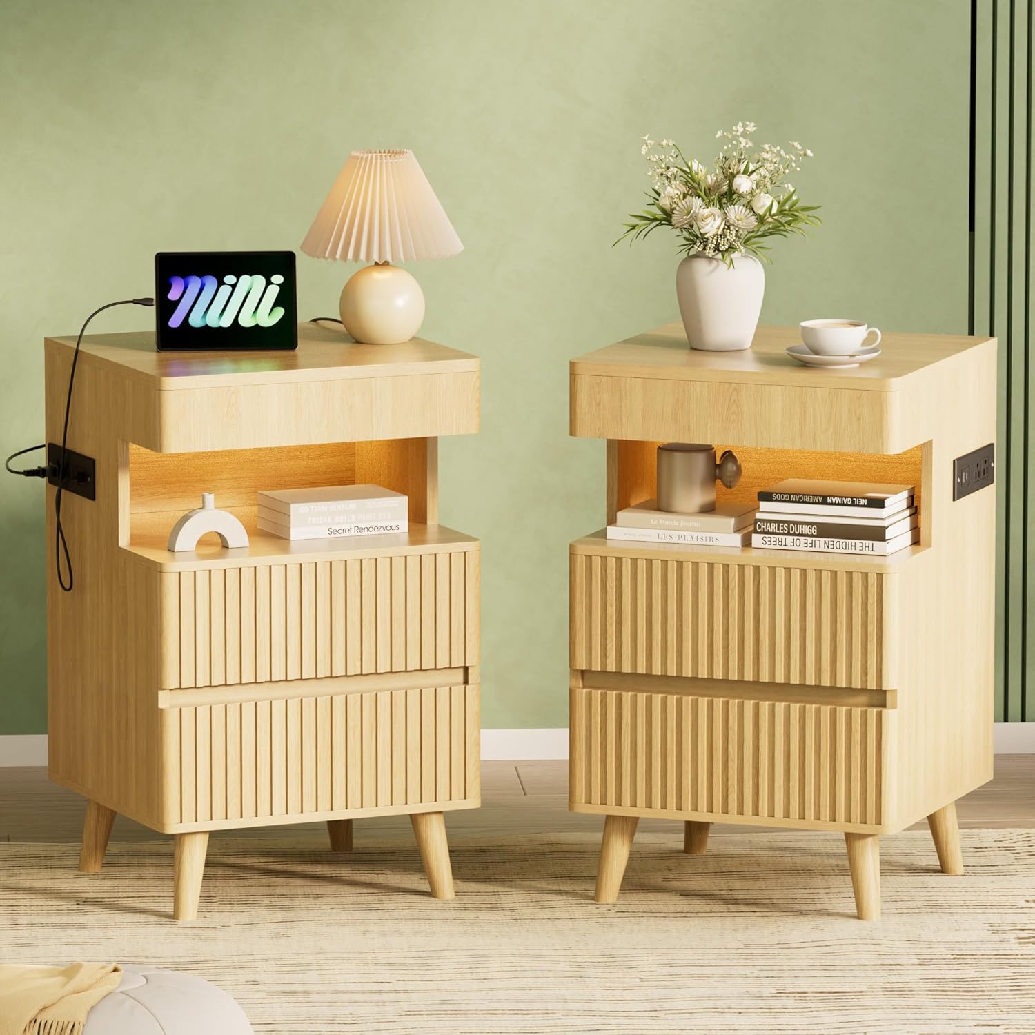 Tall Fluted Nightstand with Charging Station & LED Light