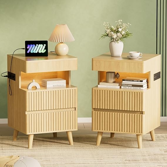 Tall Fluted Nightstand with Charging Station and LED Light