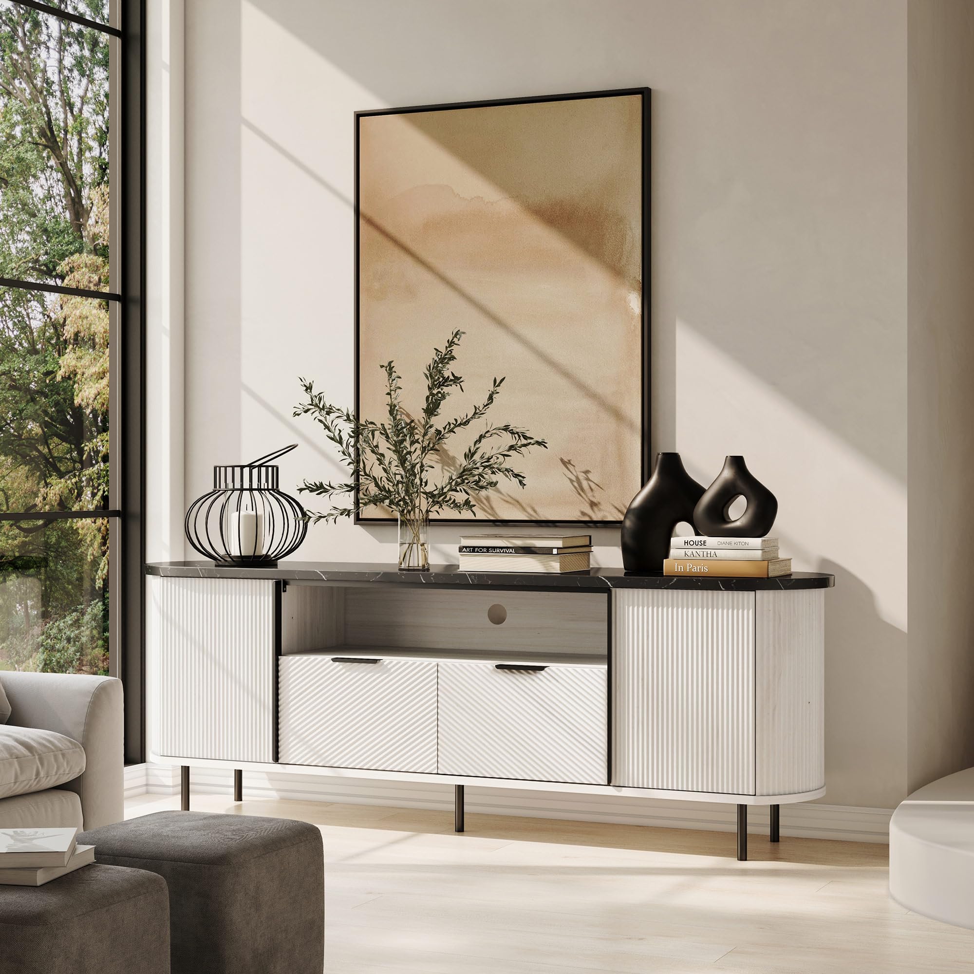 68 Inch Fluted TV Stand with Faux Marble Top