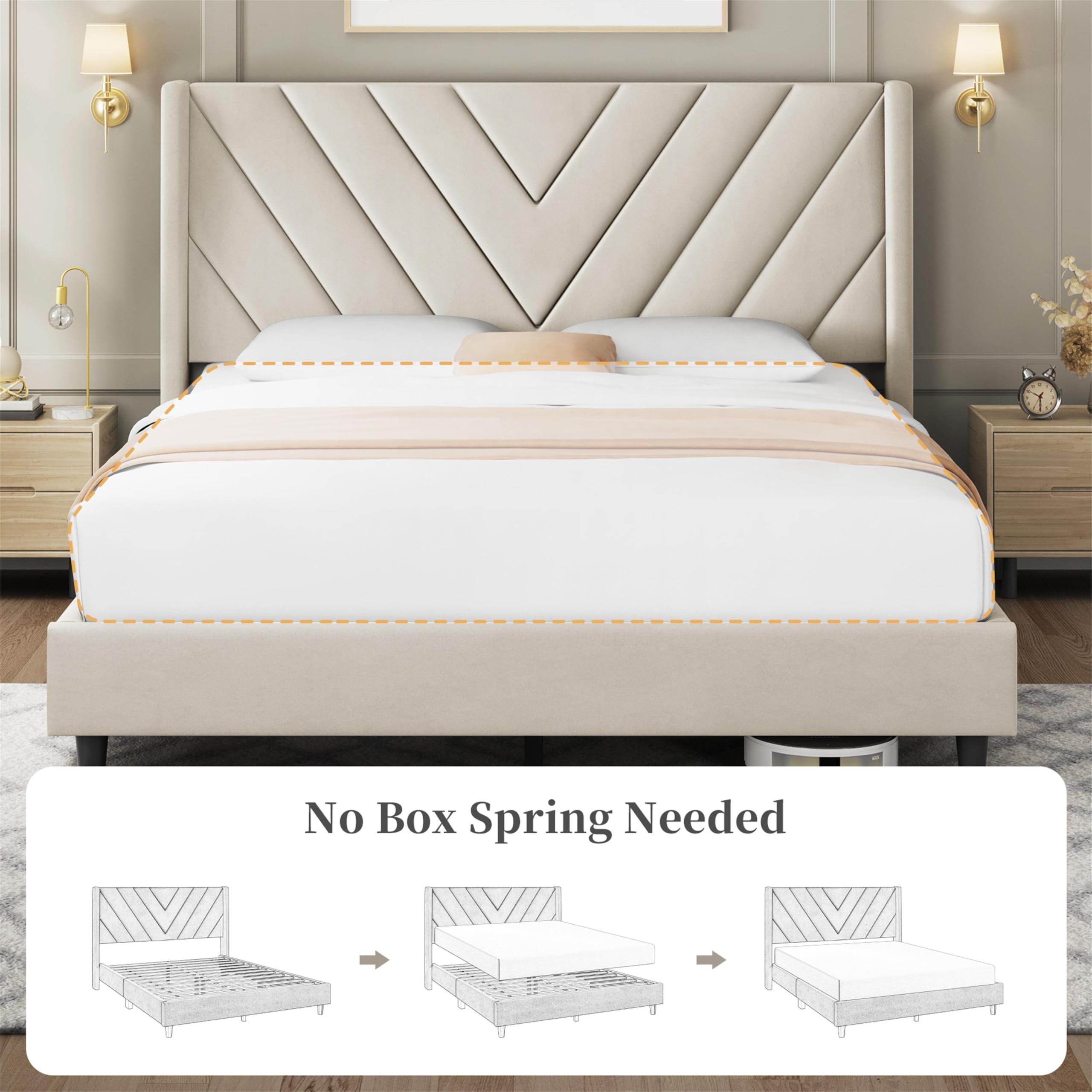 Queen Upholstered Platform Bed Frame with Tufted Wingback Headboard