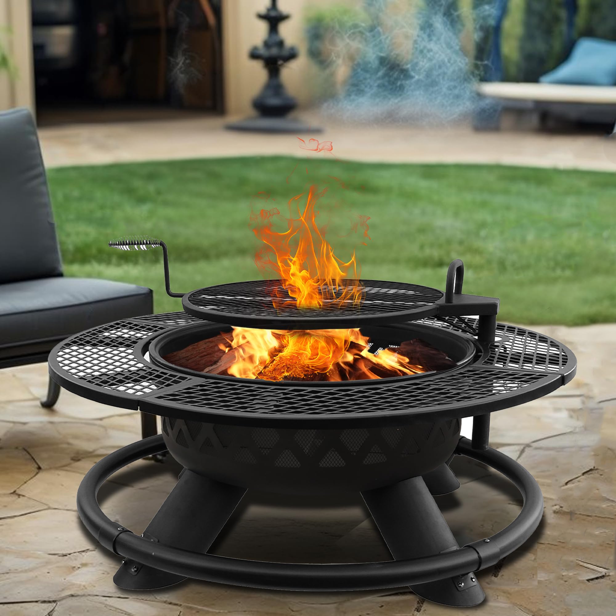 47 Inch Wood Burning Fire Pit with BBQ Grill