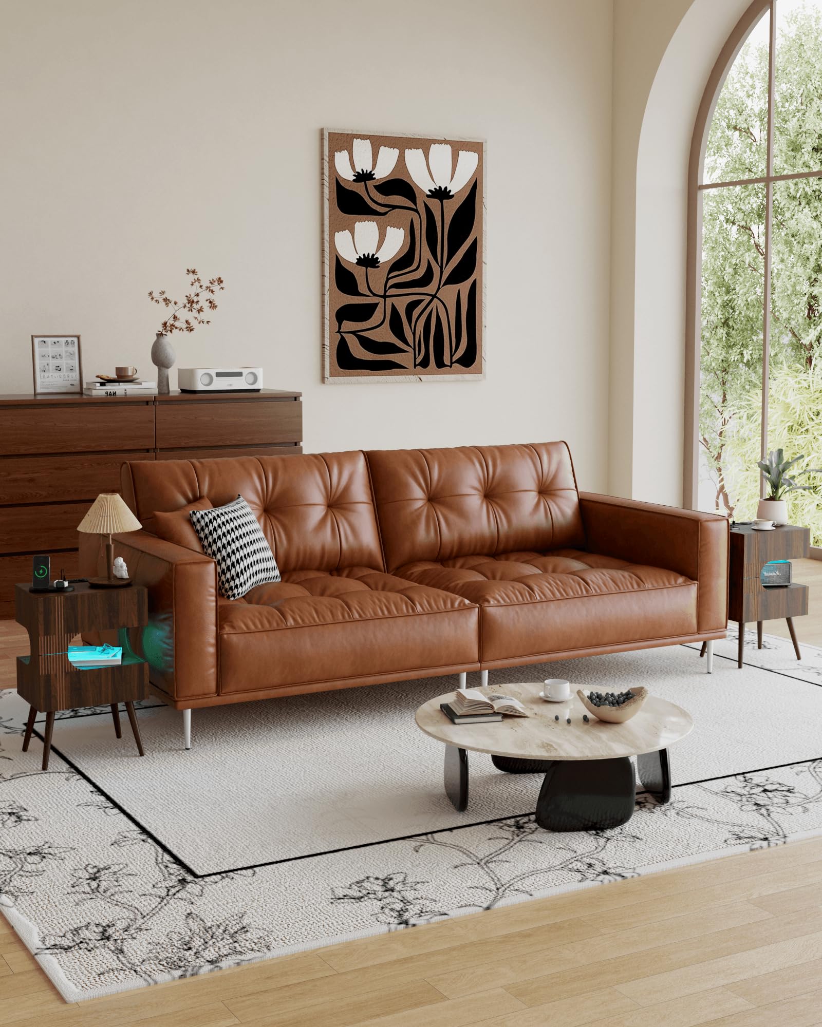 JOONEE Nightstand with Charging Station and LED Lights,Modern Bedside Table with 2 Storage Drawer,Night Stand with Solid Wood Legs,White (Walnut Brown)