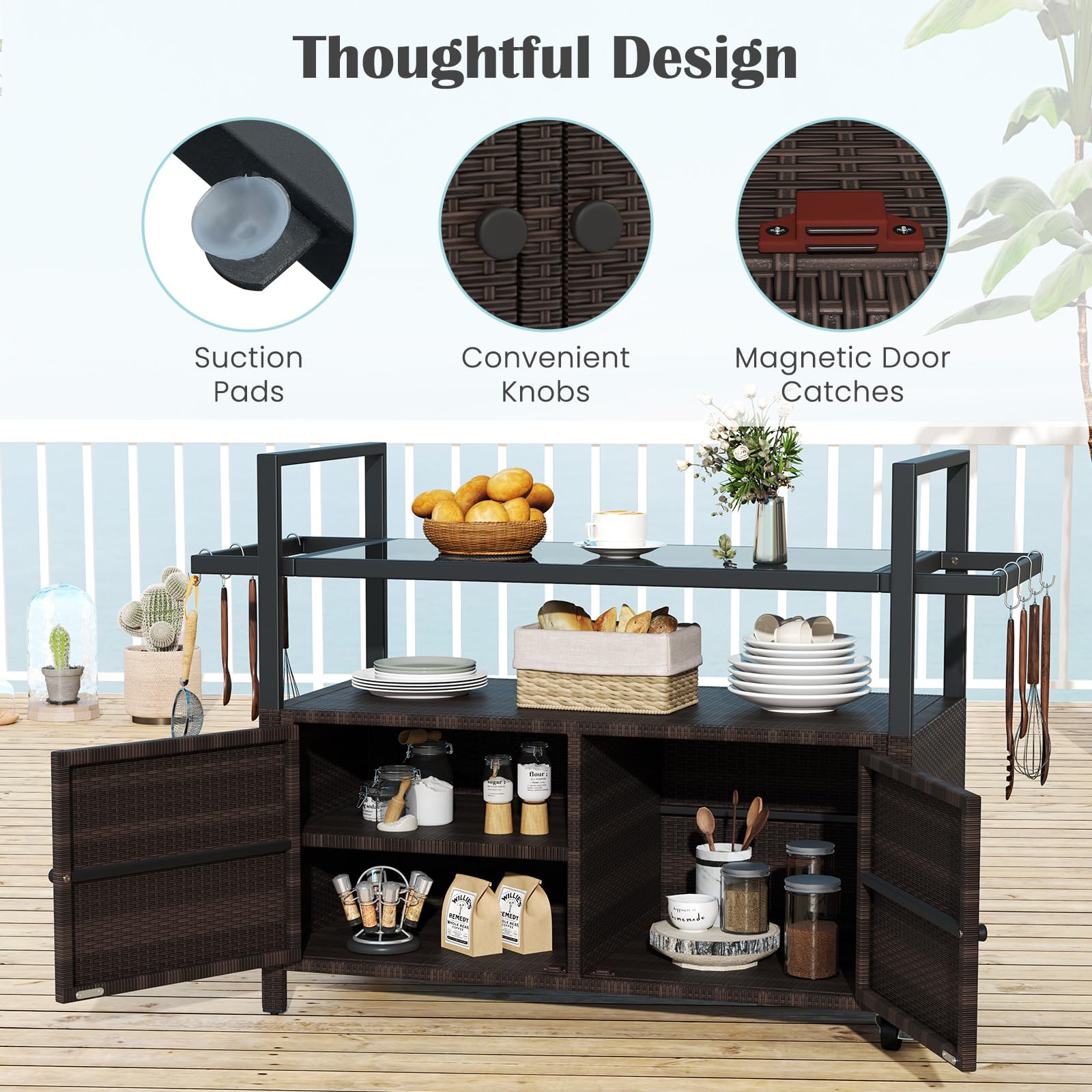 Outdoor Rolling Bar Cart with Tempered Glass Top