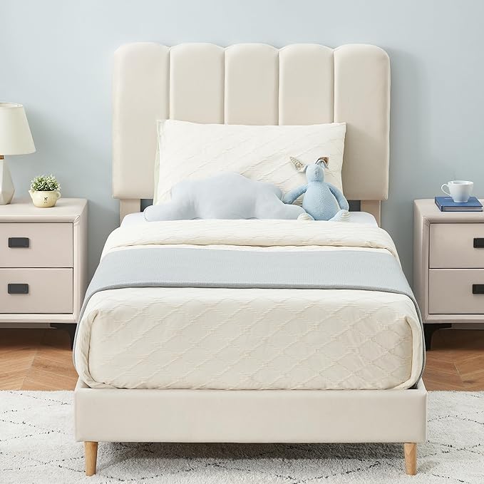 Twin Boucle Upholstered Platform Bed with Wave Headboard