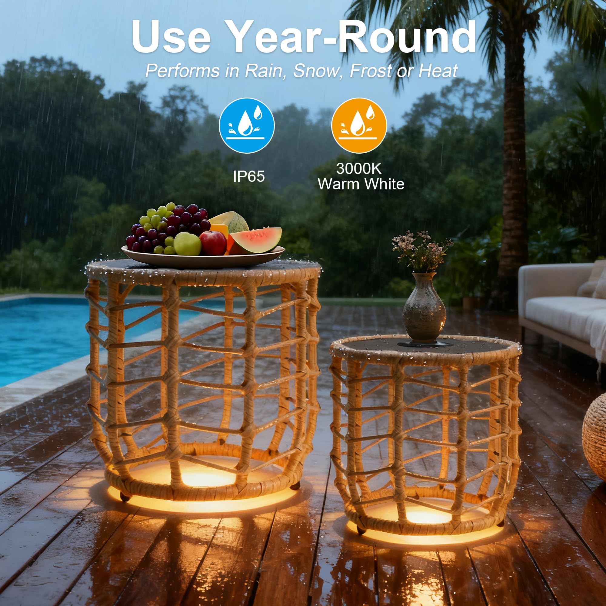 Boho Solar Outdoor Side Table Set of 2 with Built-in Lights