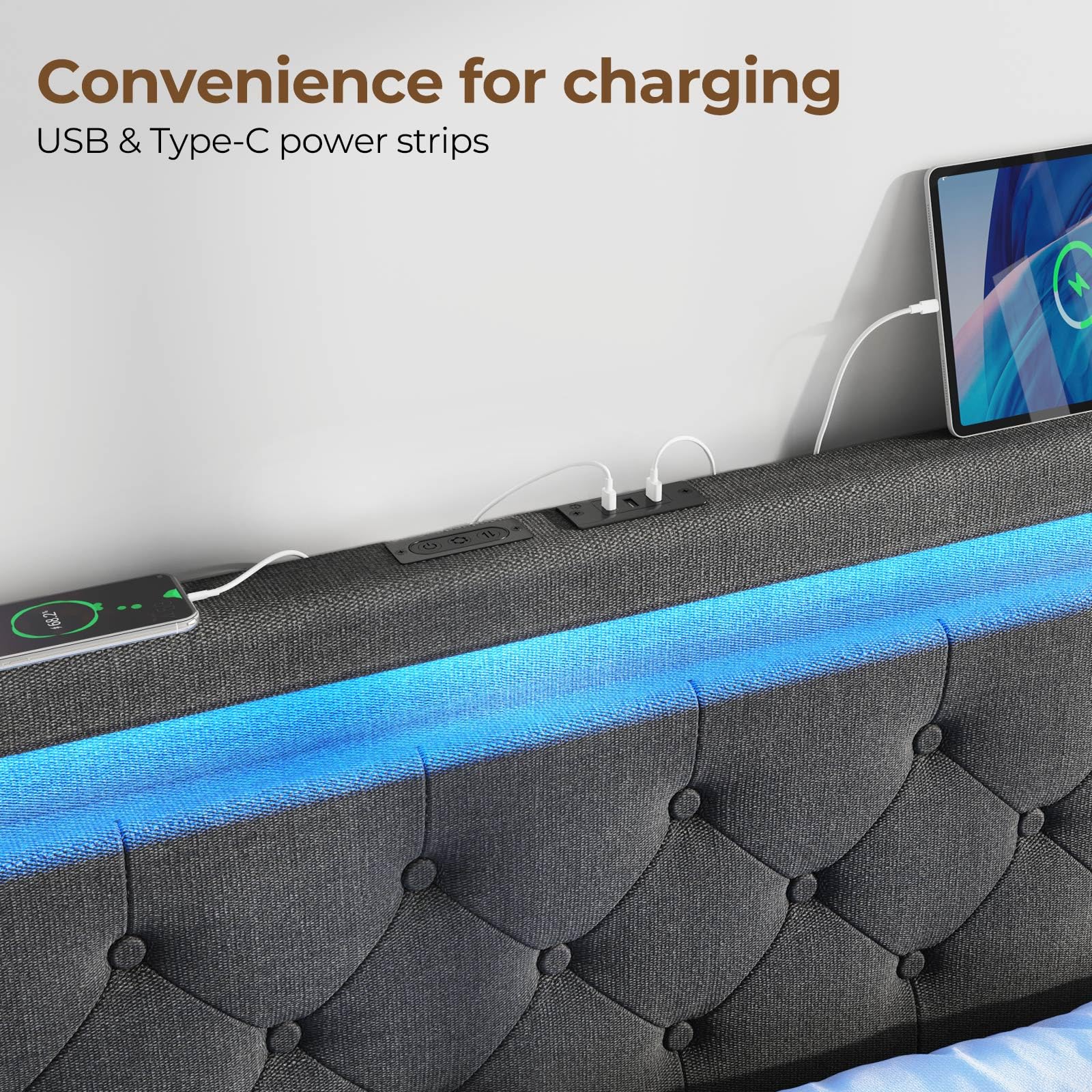 Full Bed Frame with LED Lights and Charging Station
