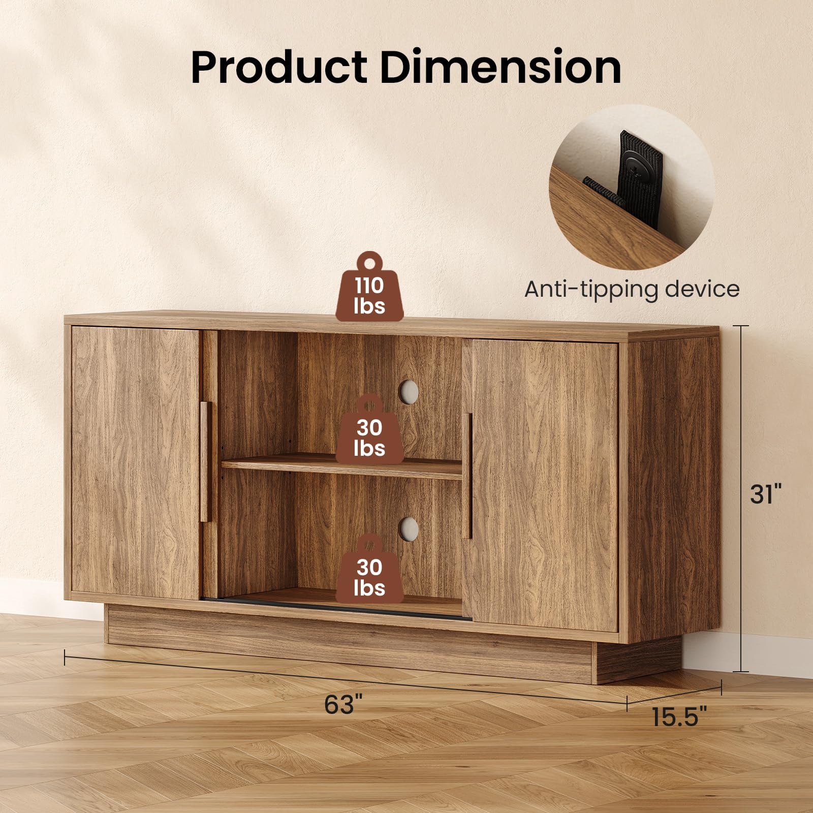 63" Sideboard Buffet Cabinet with 4 Sliding Doors