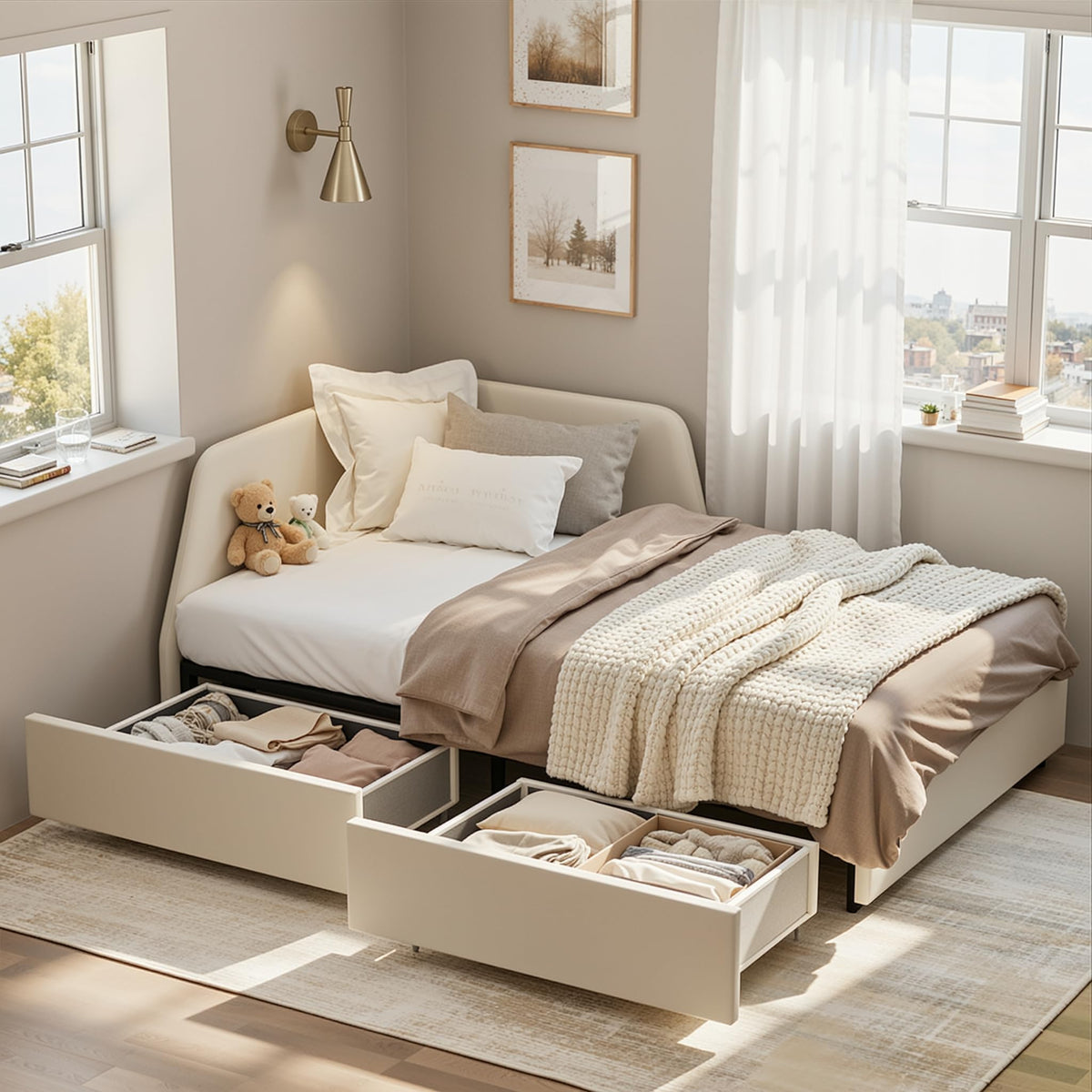 Twin Corner Sofa Bed Frame with Storage Drawers and Safety Rail