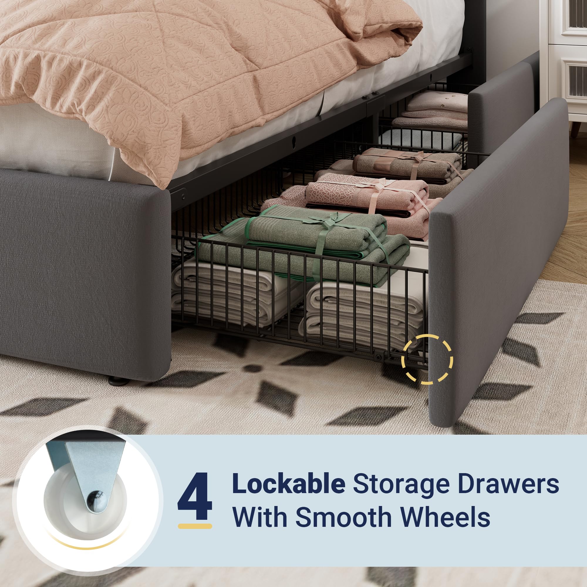 Queen Size Storage Bed Frame with Adjustable Tufted Headboard