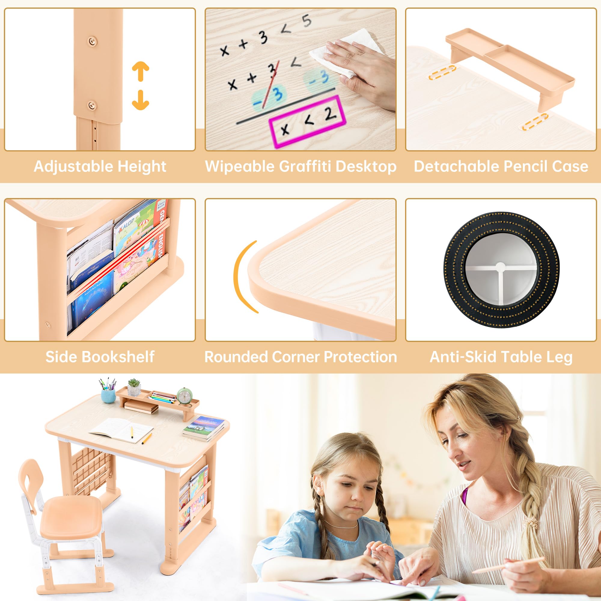 GITAWUSA Kids Desk and Chair Set, Height Adjustable Kids Table and Chairs, Study Table for 3-12 Years Boy and Girl, Student Writing Desk with Side Bookshelf and Storage for Bedroom/Study Room/School