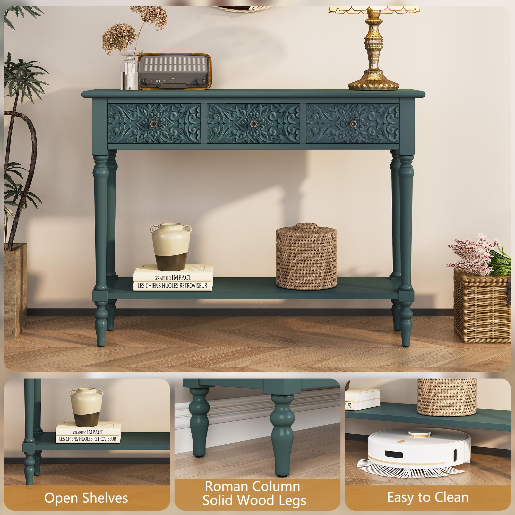 Entryway Console Table with 3 Drawers and Open Shelf