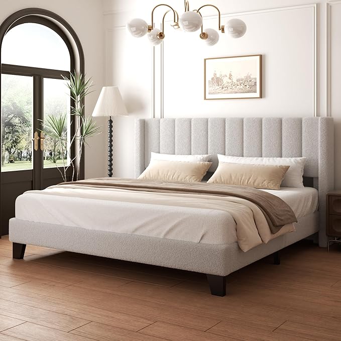 King Upholstered Platform Bed Frame with Teddy Velvet Headboard