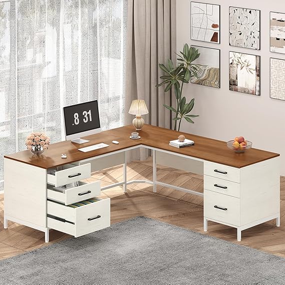 59" L-Shaped Desk with 6 Drawers and File Cabinet