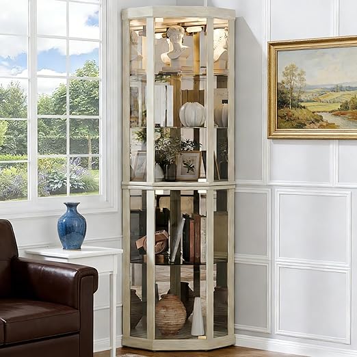 Corner Curio Cabinet with Lighted Glass Display
