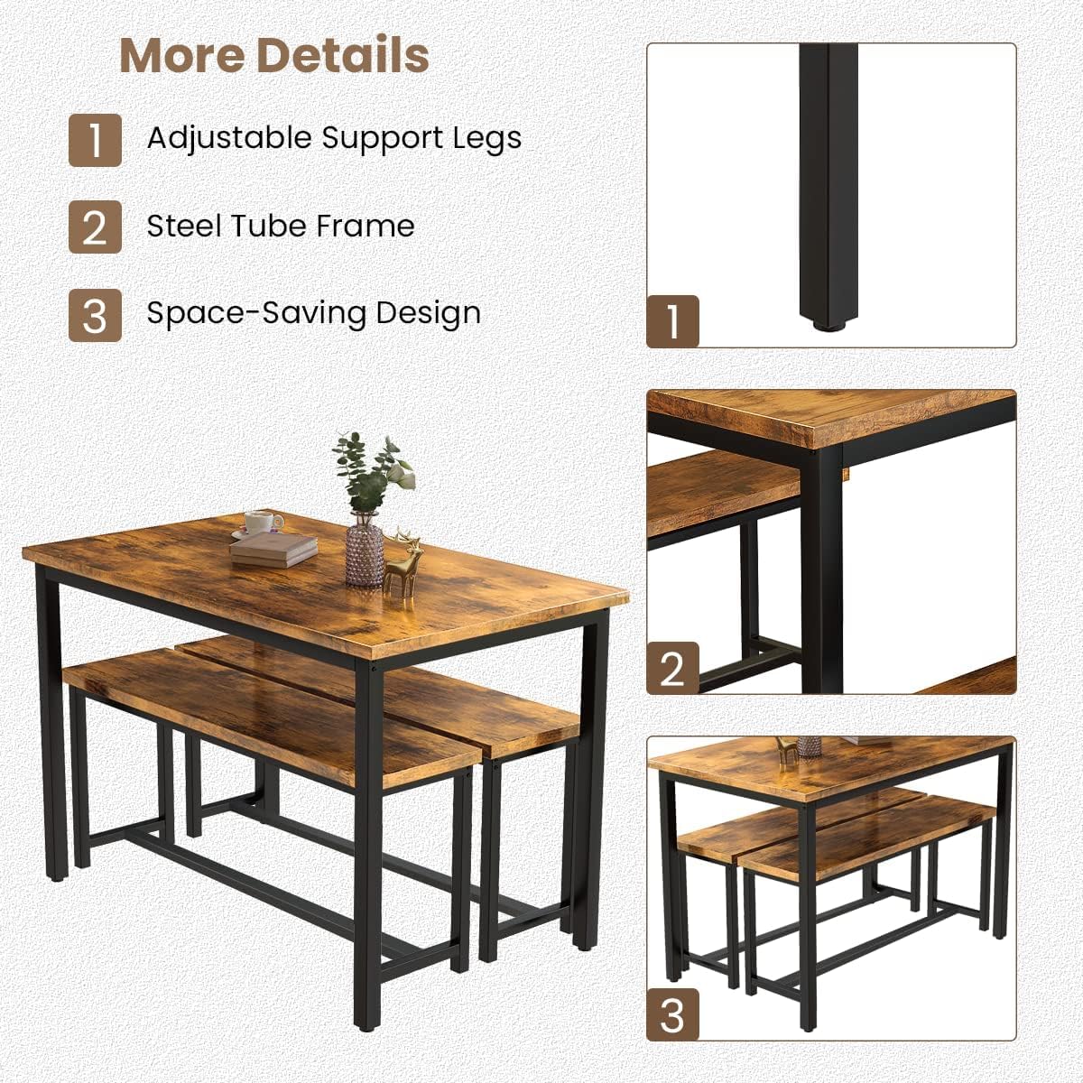 3-Piece Dining Table Set with Benches