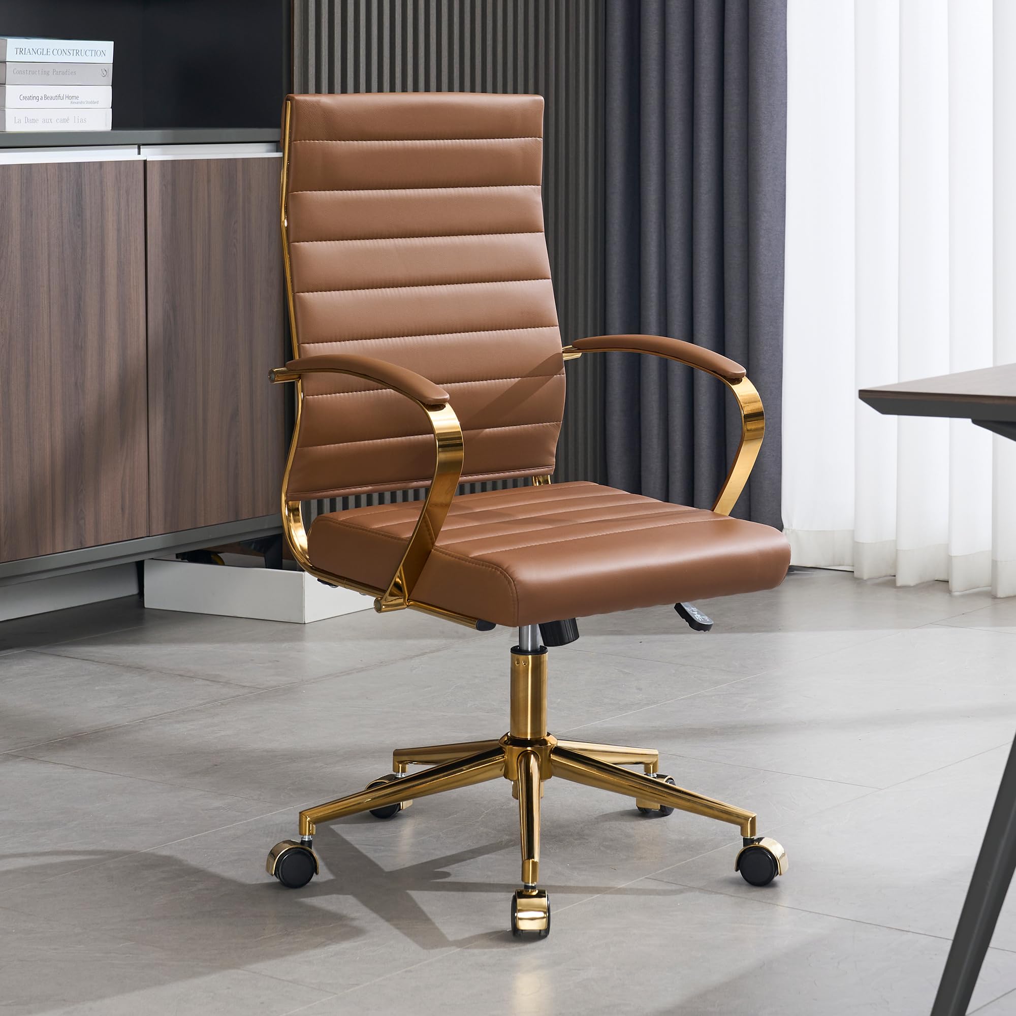 Okeysen Gold Office Desk Chair, Ergonomic Leather Modern Conference Room Chairs, Executive Ribbed Height Adjustable Swivel Rolling Golden Chair for Home Office.