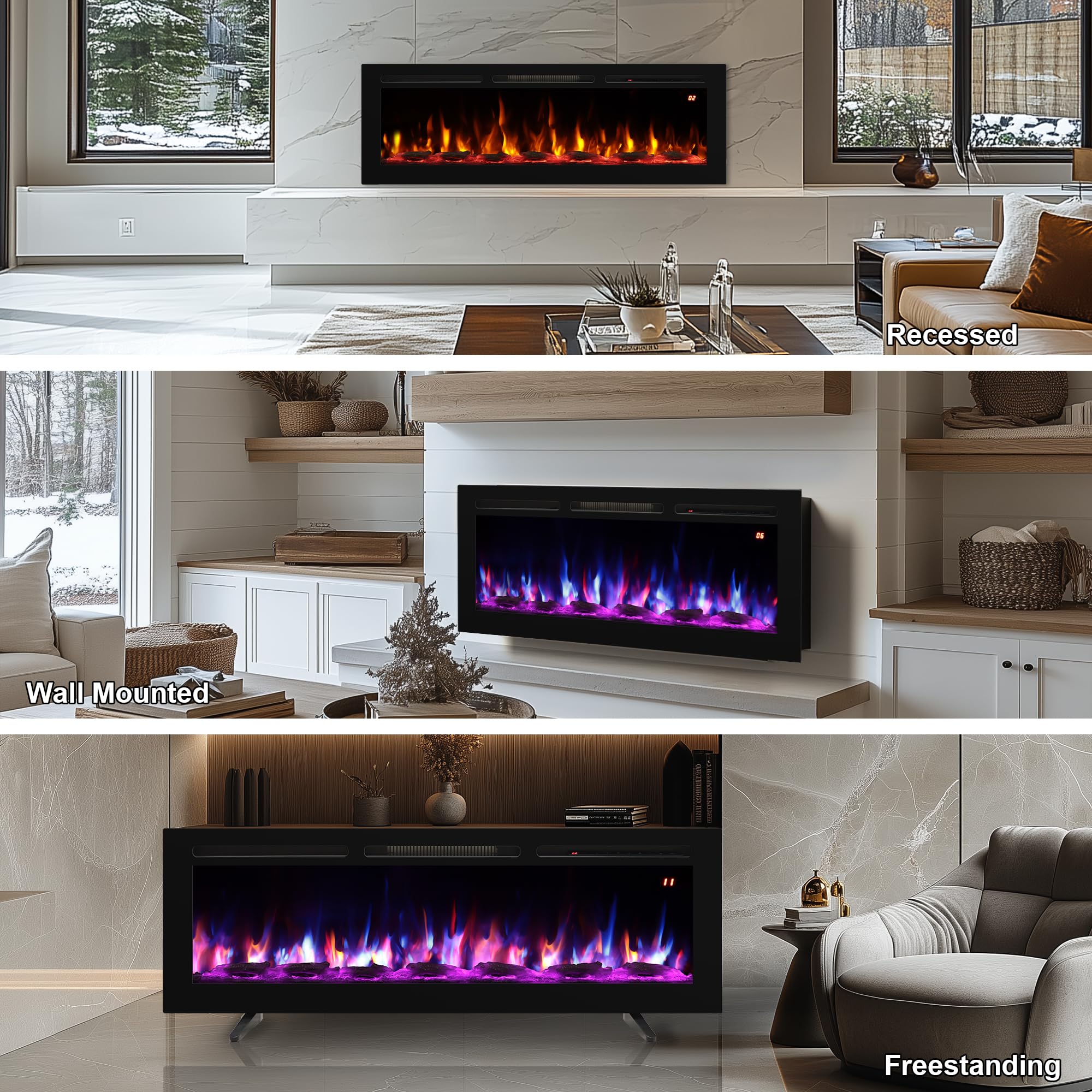 70 Inch Electric Fireplace Wall Mount Recessed Freestanding