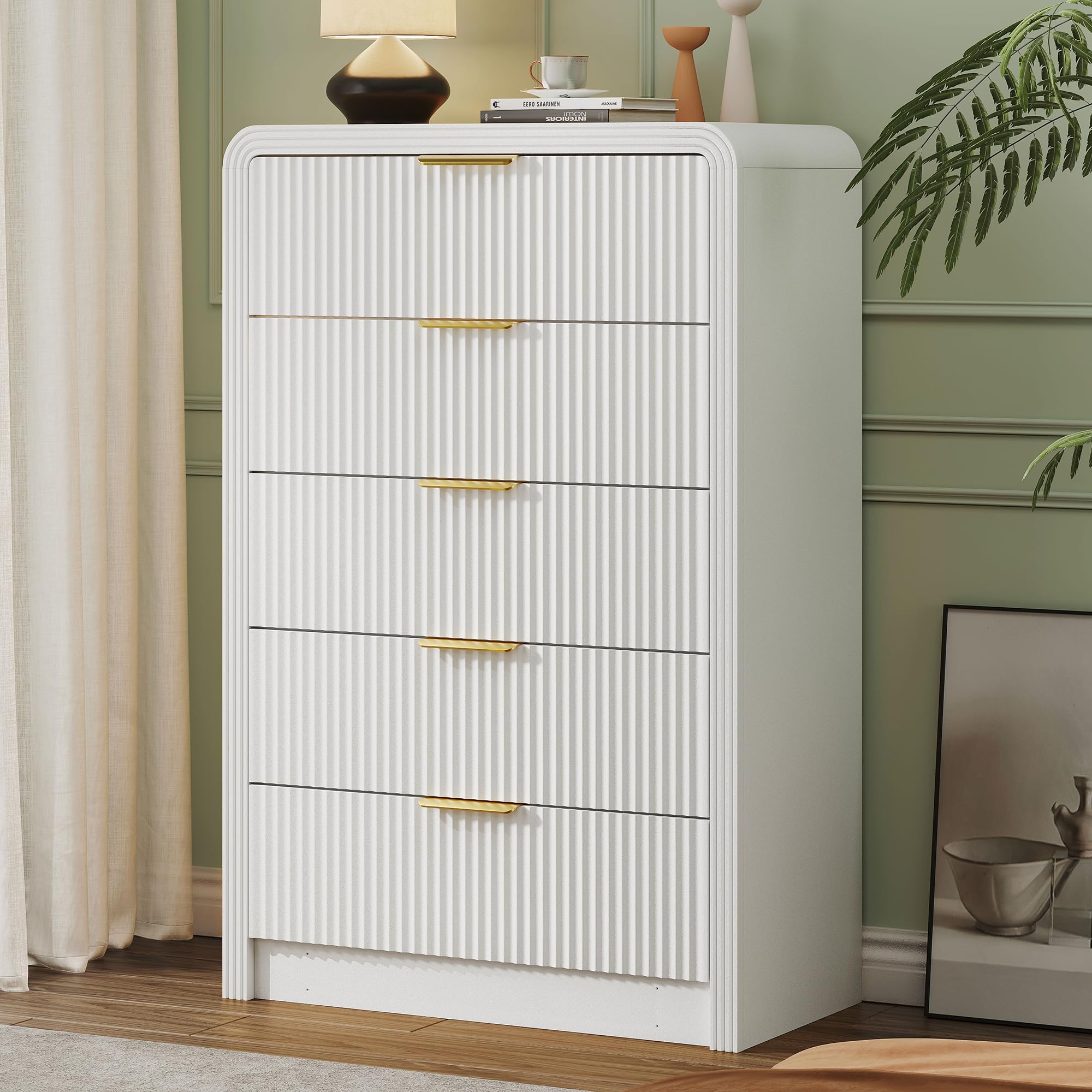 Fluted 5 Drawer Dresser 48 Inch Tall White