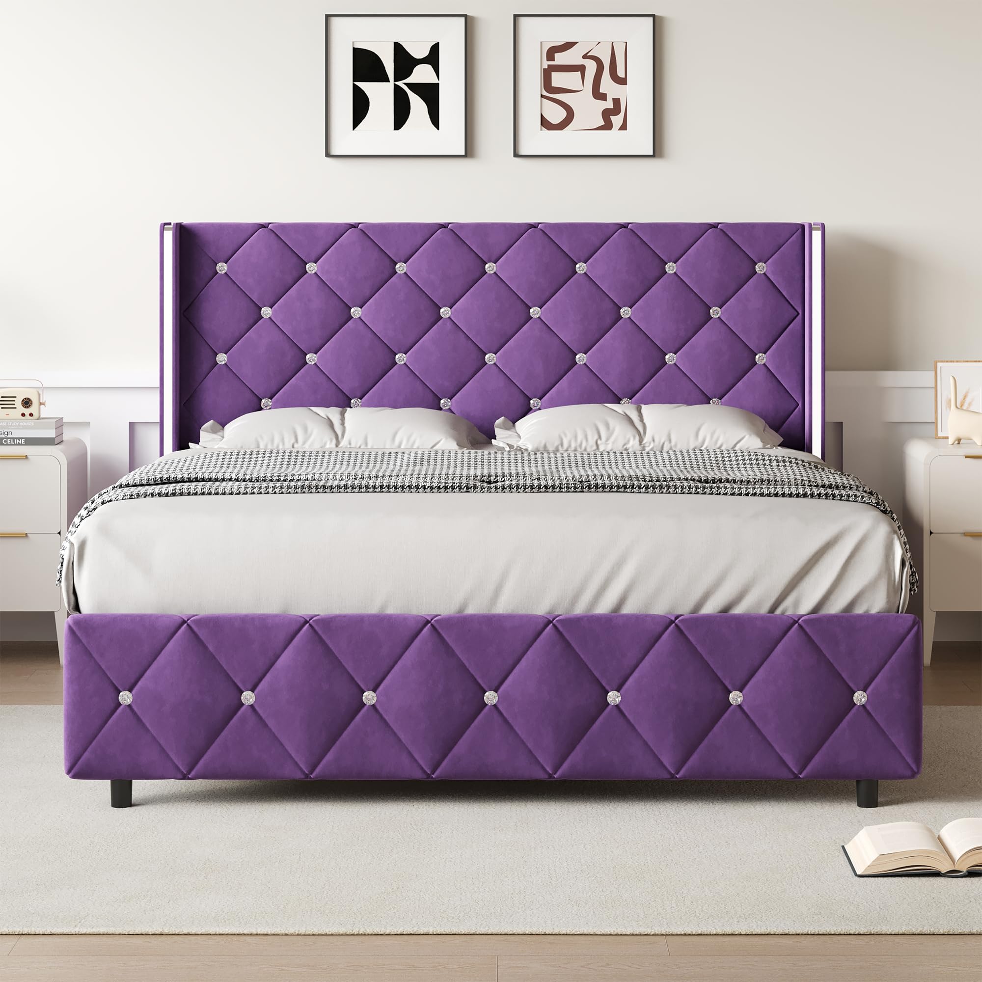 Full Size Diamond Tufted Bed Frame Purple