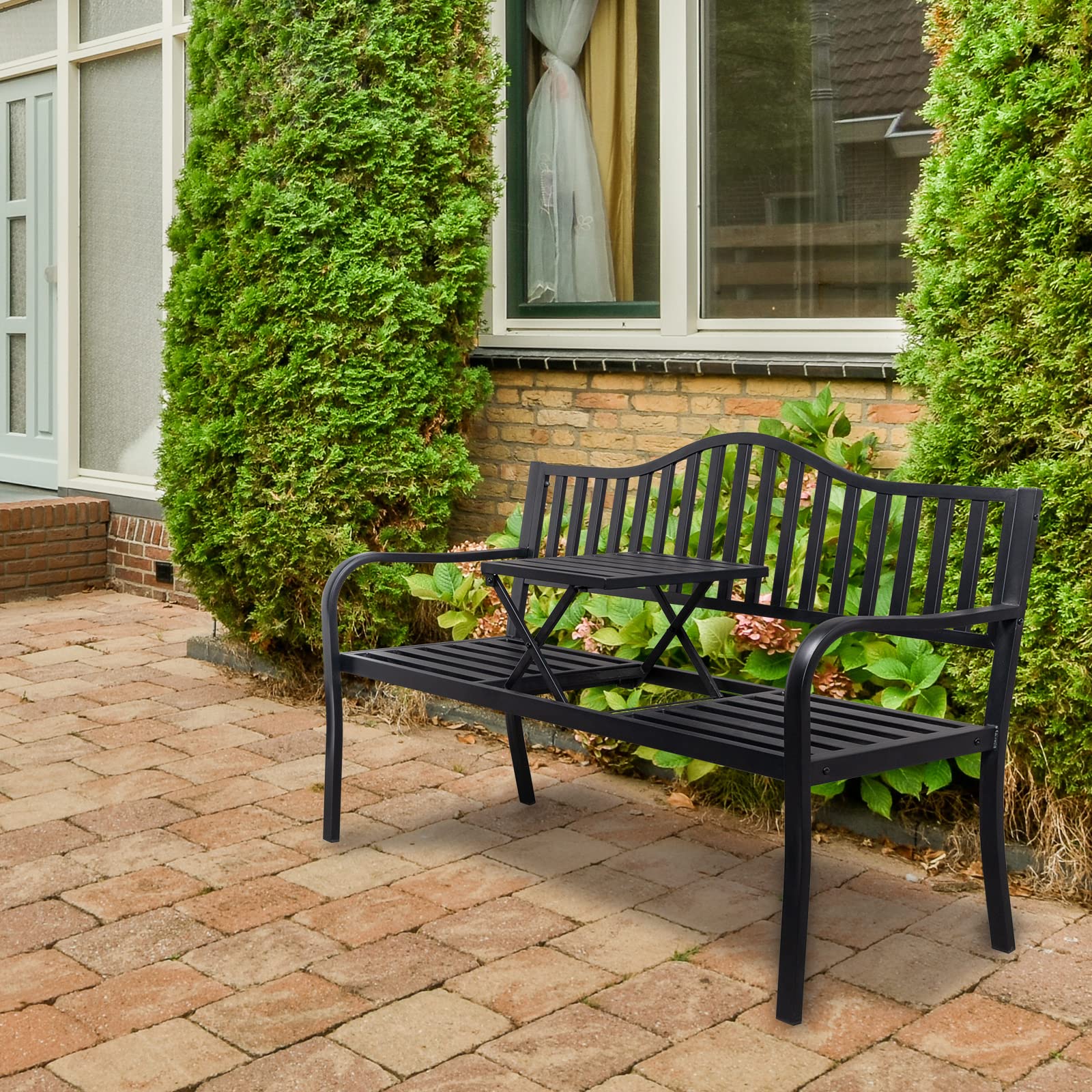 Outdoor Metal Bench with Built-in Table