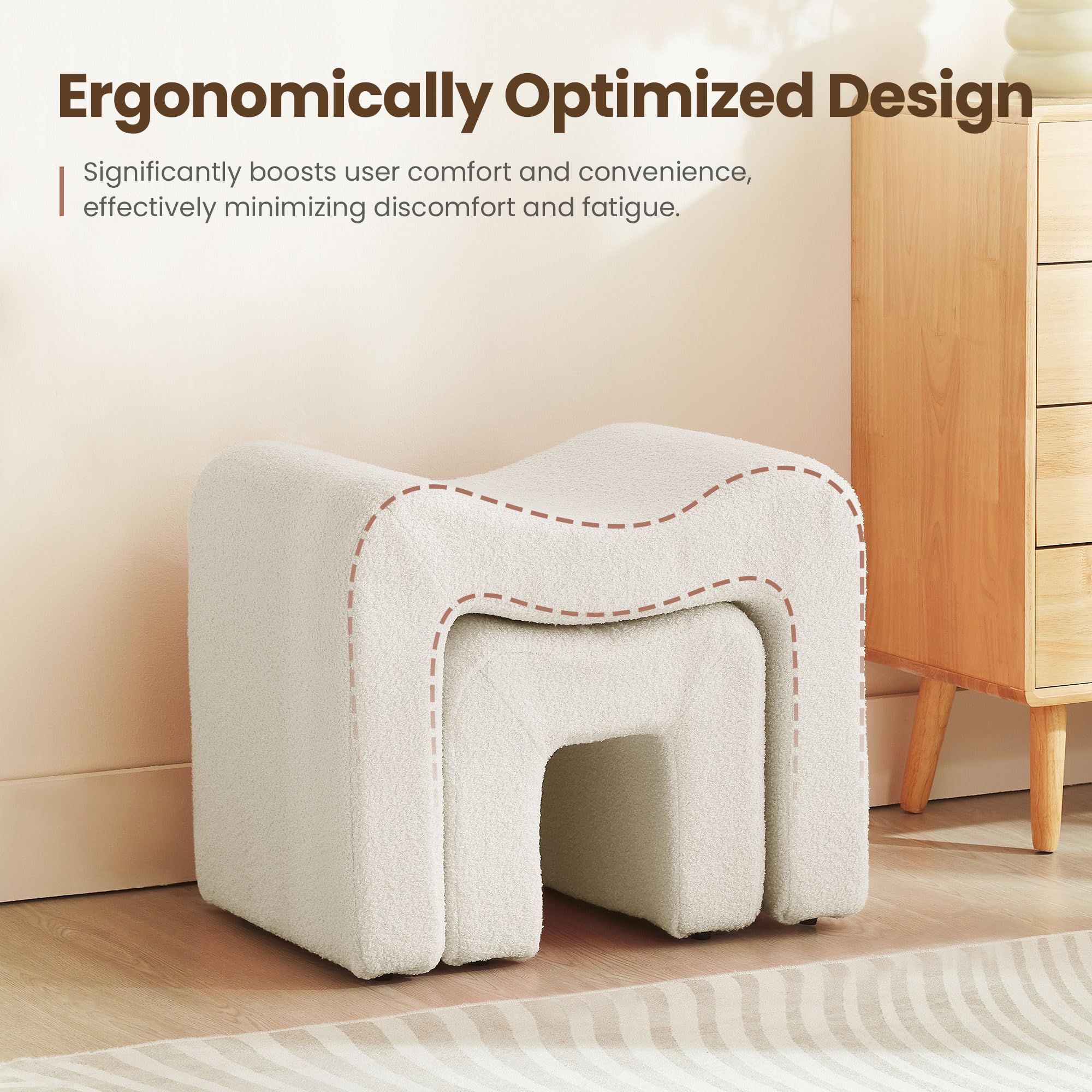 Small Footstool Ottoman Vanity Stool Set White Teddy Velvet 2-in-1