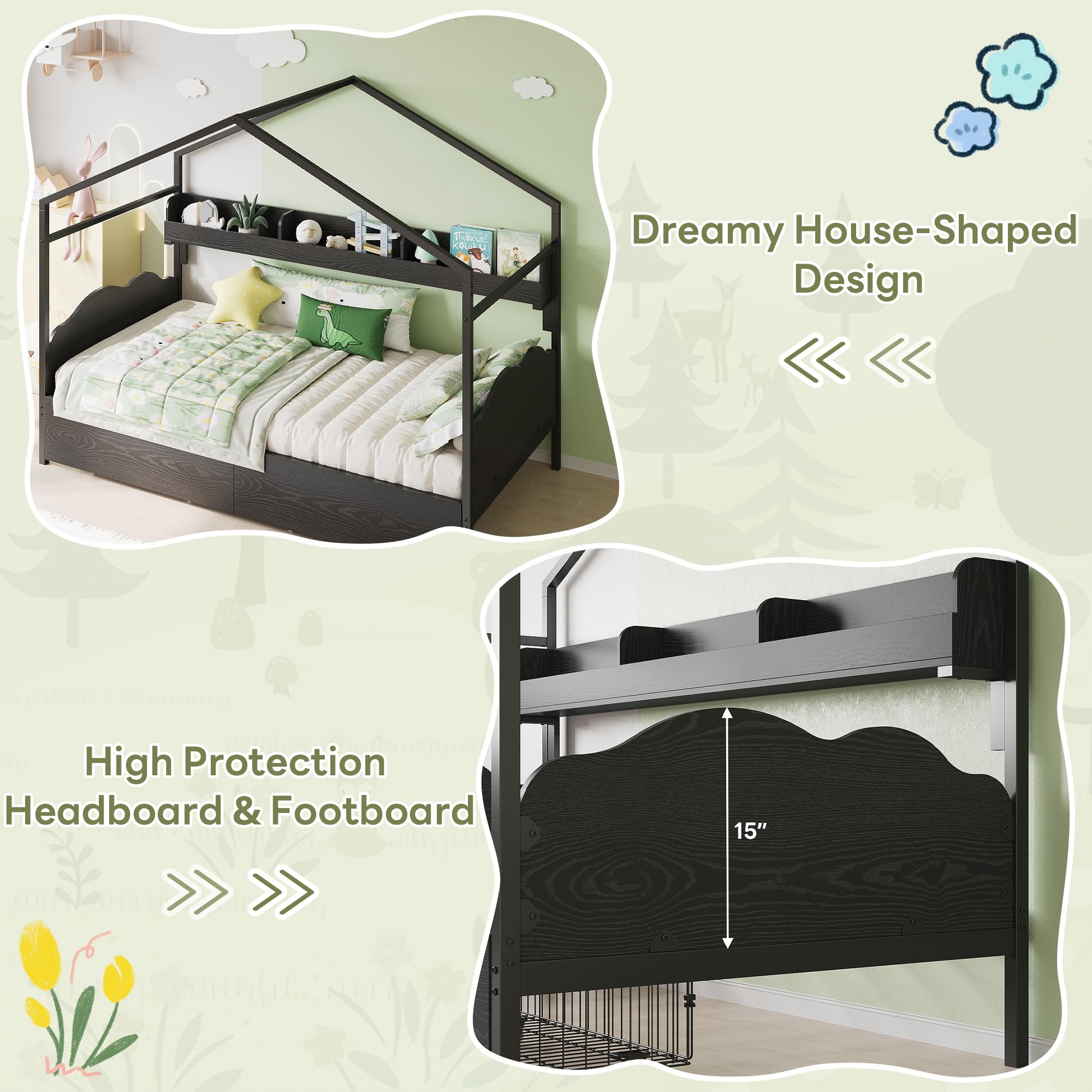 LIKIMIO Twin Bed Frame with 2 Storage Drawers, DIY House Bed with Bookshelf & Curved Headboard & Footboard, Twin Corner Bed Frames for Bedroom, No Box Spring Needed, Black