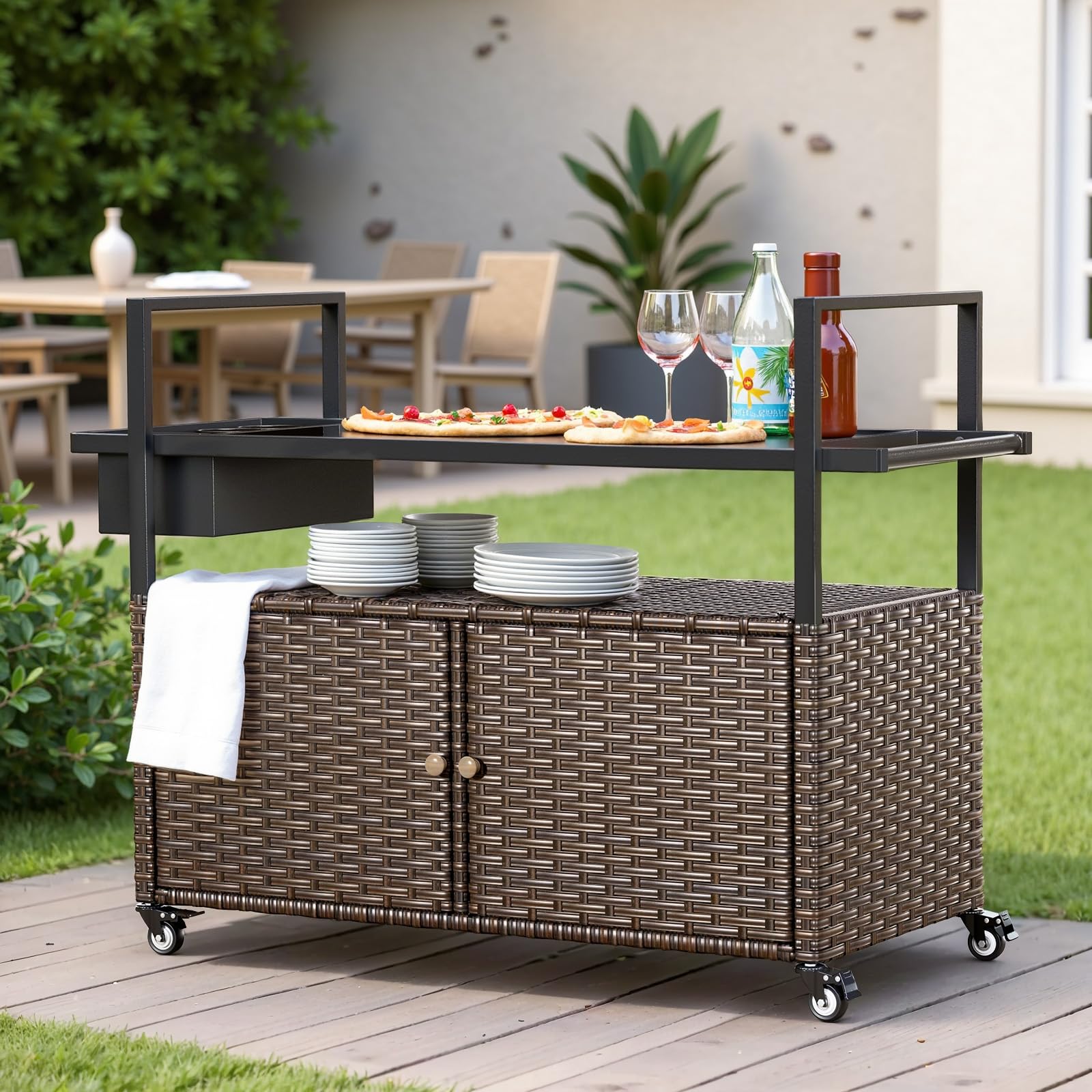 Wicker Outdoor Bar Cart with Storage Cabinet